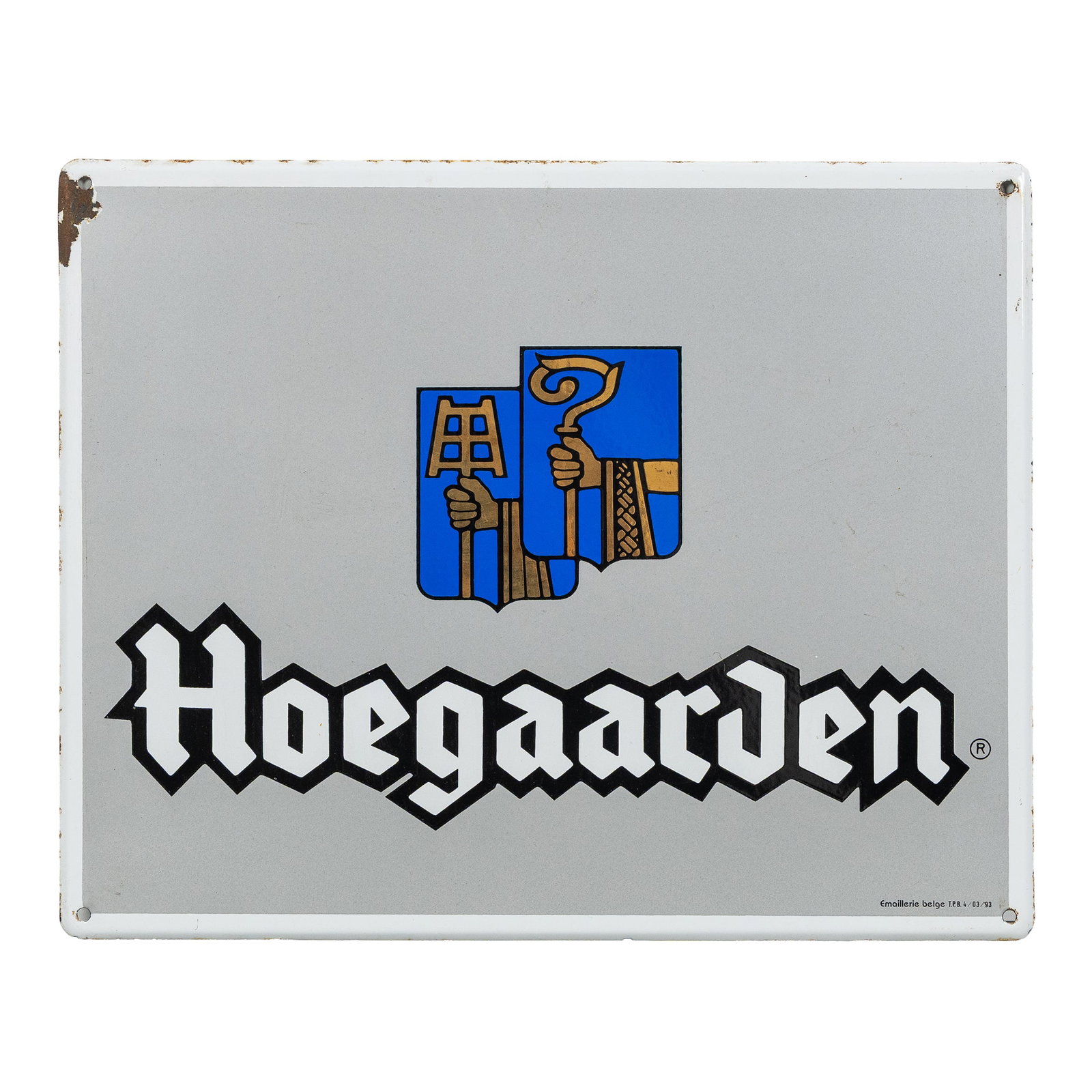 Emaillerie Belge, an enamel advertising sign, 'Hoegaarden' (1993).:  Emaillerie Belge, an enamel advertising sign, 'Hoegaarden' (1993). (50 x 40 x 0 cm)