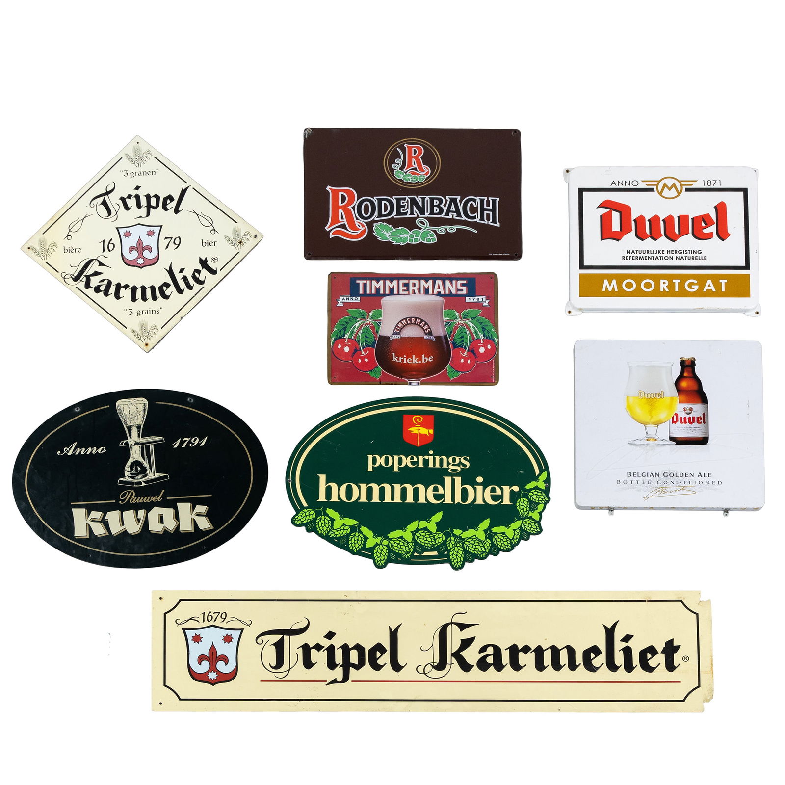 Eight enamel and other advertising signs, 'Duvel', 'Rodenbach', 'Tripel Karmeliet', and others.: Eight enamel and other advertising signs, 'Duvel', 'Rodenbach', 'Tripel Karmeliet', and others. Enamel advertising signs: Duvel, Moortgat (38 x 44 cm). Rodenbach, Emaillerie Belge, 2000 (34 x 50 cm).