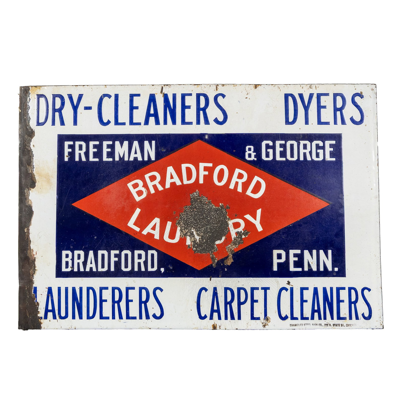 A Vintage double-sided enamel advertising sign, 'Bradford Laundry', Enameled Steel Sign Co.,: A Vintage double-sided enamel advertising sign, 'Bradford Laundry', Enameled Steel Sign Co., Chicago, first half of the 20th century. Enameled, double-sided. 'Bradford Laundry, Freeman Bradford & Geor
