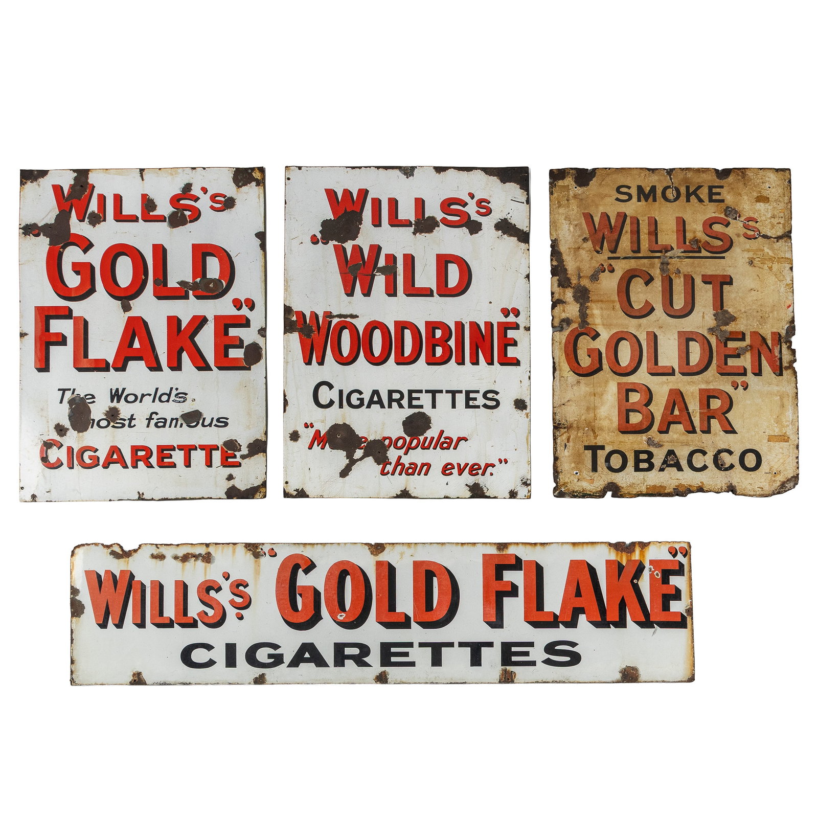 Four vintage enamel advertising signs, 'Wills's Gold Flake Cigarettes', first half 20th C.: Four vintage enamel advertising signs, 'Wills's Gold Flake Cigarettes', first half 20th century. Enamel. 'Wills's Gold Flake Cigarettes' (38 x 153 cm). 'Wills's Gold Flake Cigarette, The World's most