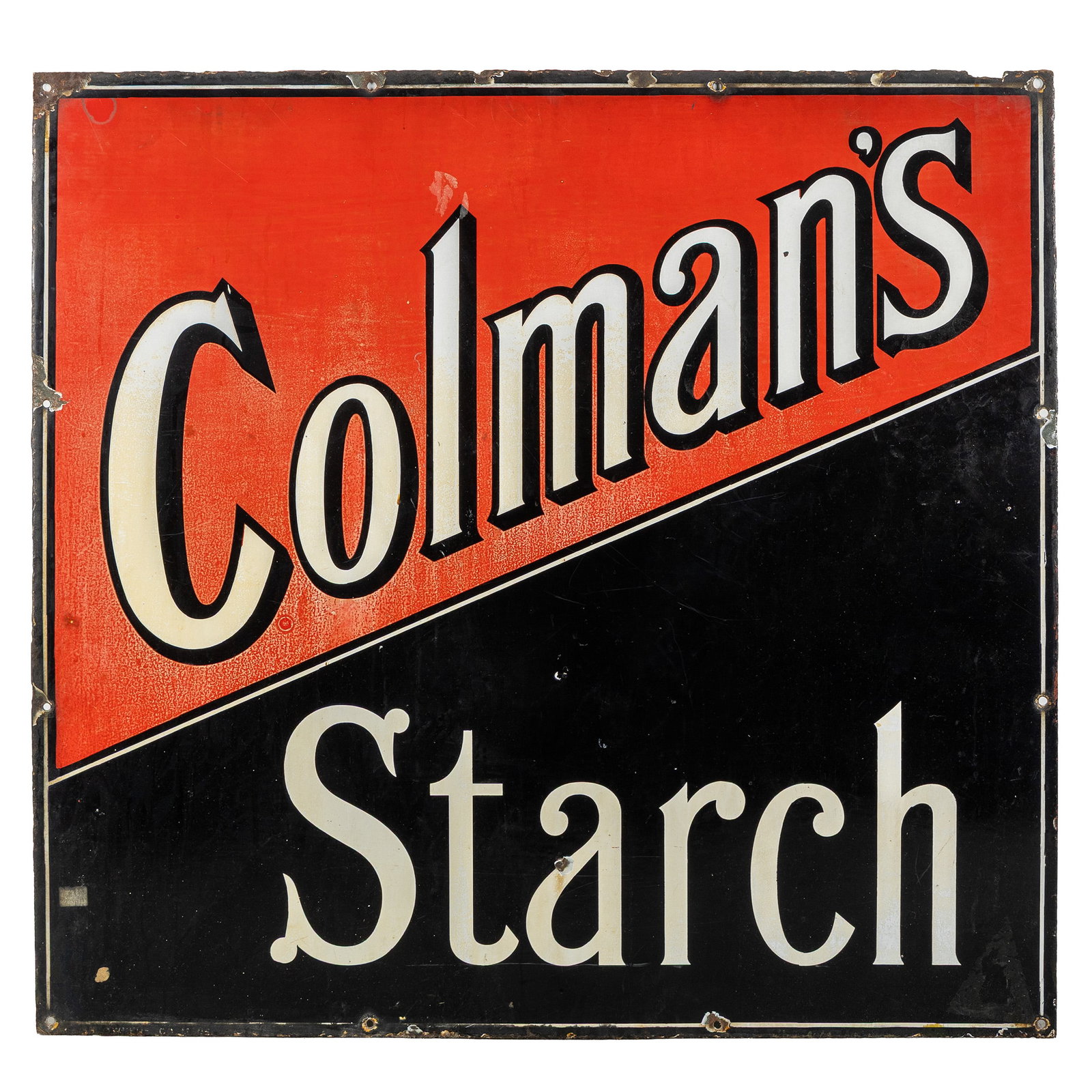 An antique enamel advertising sign, 'Colman's Starch', early 20th C.: An antique enamel advertising sign, 'Colman's Starch', early 20th century. Enamel. 'Colman's Starch'. (97 x 91.5 x 0 cm)