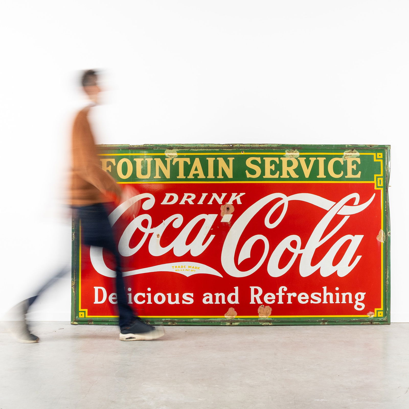 'Drink Coca-Cola - Fountain Service', a large enamel advertising sign, Tennessee Enamel: 'Drink Coca-Cola - Fountain Service', a large enamel advertising sign, Tennessee Enamel Manufacturing Company, 1933. Enameled metal.'Fountain Service - Drink Coca-Cola - Delicious and Refreshing - Tra