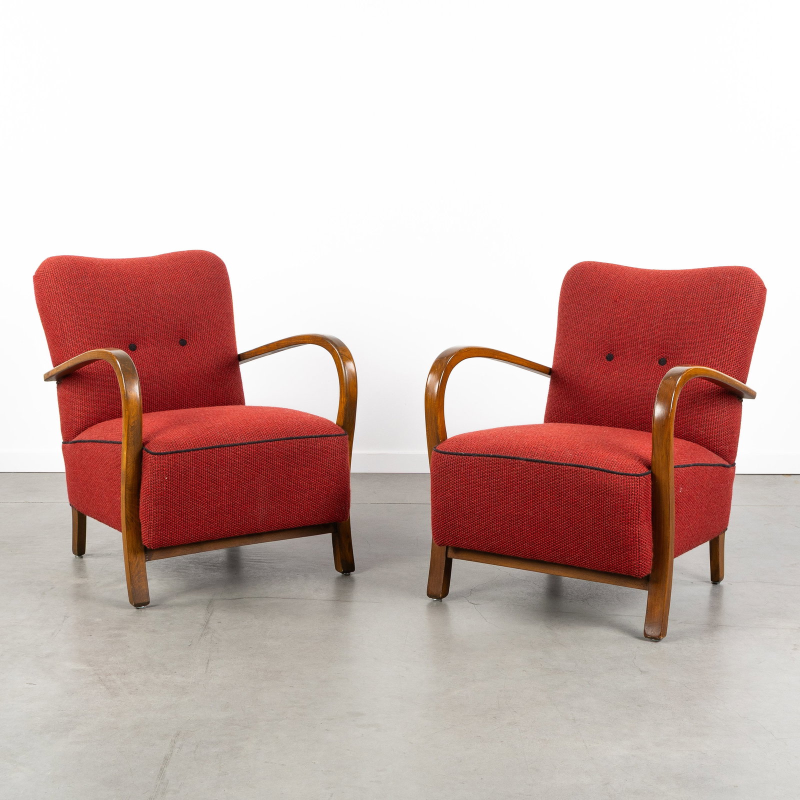 A Pair of red upholstered armchairs, Art Deco style, in the style of Halabala and Kozelka & (1 of 9)