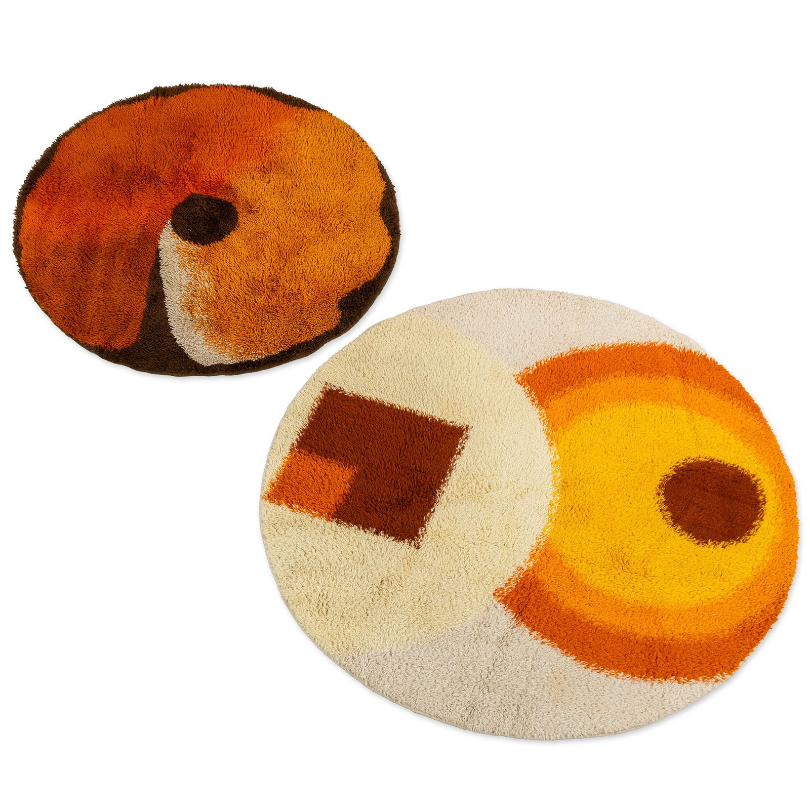 Two decorative Mid-Century carpets, circa 1970.: Two decorative Mid-Century carpets, circa 1970. Two round carpets with a psychedelic design. D: 150 cm / D: 190 cm (190 x 0 x 0 cm)