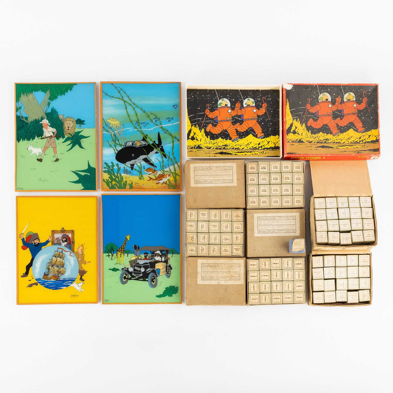 Tintin, A Memorabilia Collection, with Puzzle, School Films (35mm), and Reverse-glass Paintings,: Tintin, a collection of memorabilia, including a puzzle, school films (35mm), and reverse glass paintings, circa 1950 and later. Puzzle, Tintin puzzle 4, Jansen and Janssen/Dupont et Dupond, Lombard/H