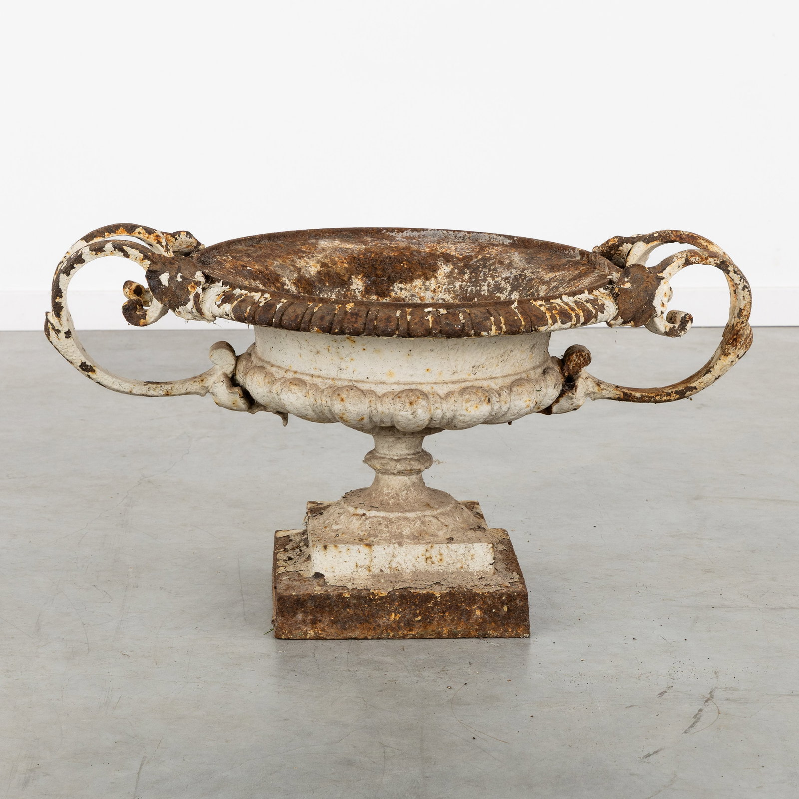 An Antique Garden Vase with Handles, Louis XVI style, patinated cast iron. France, 19th C.: An Antique Garden Vase with Handles, Louis XVI style, patinated cast iron. France, 19th century. Patinated cast iron.Round garden vase with openwork handles. (85 x 48 x 57 cm)