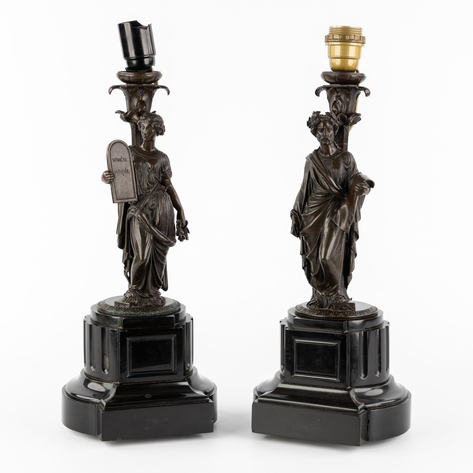 A Pair of Table lamps, 'Homer and Virgil', patinated bronze and black marble. (1 of 8)