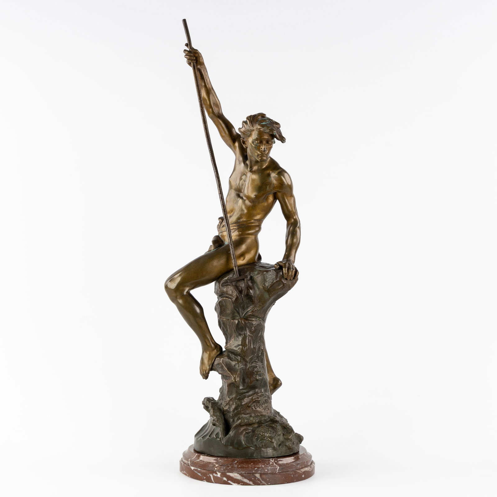 Ernest Justin Ferrand (1846-1932) ‘Harpoon Fisherman’, patinated bronze. (1 of 8)