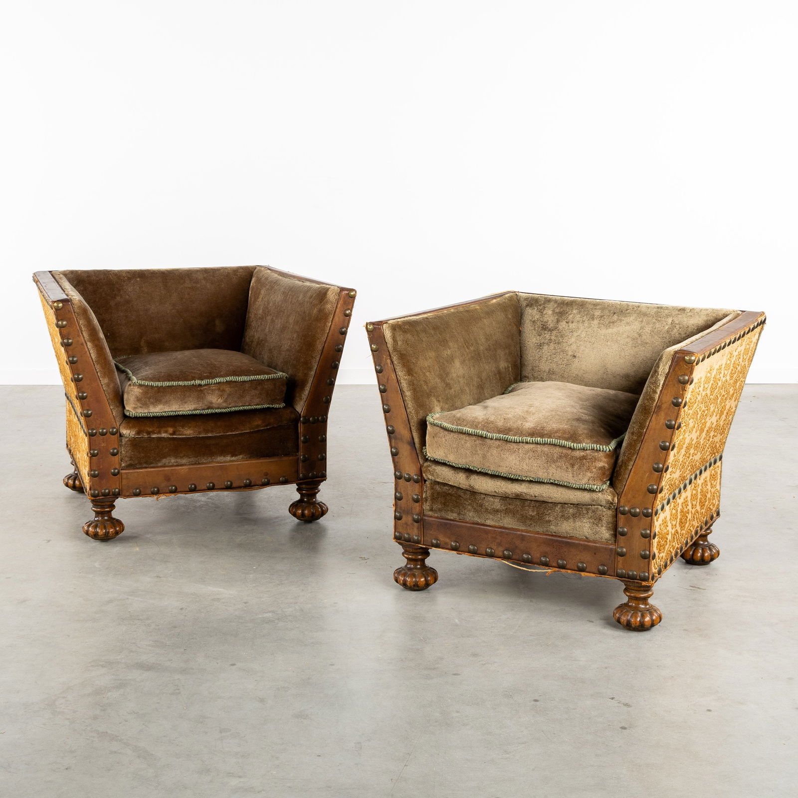 A Pair of Decorative Armchairs, Sculptured Wood, Leather, Velvet, and Embroidery. Probably England, (1 of 10)