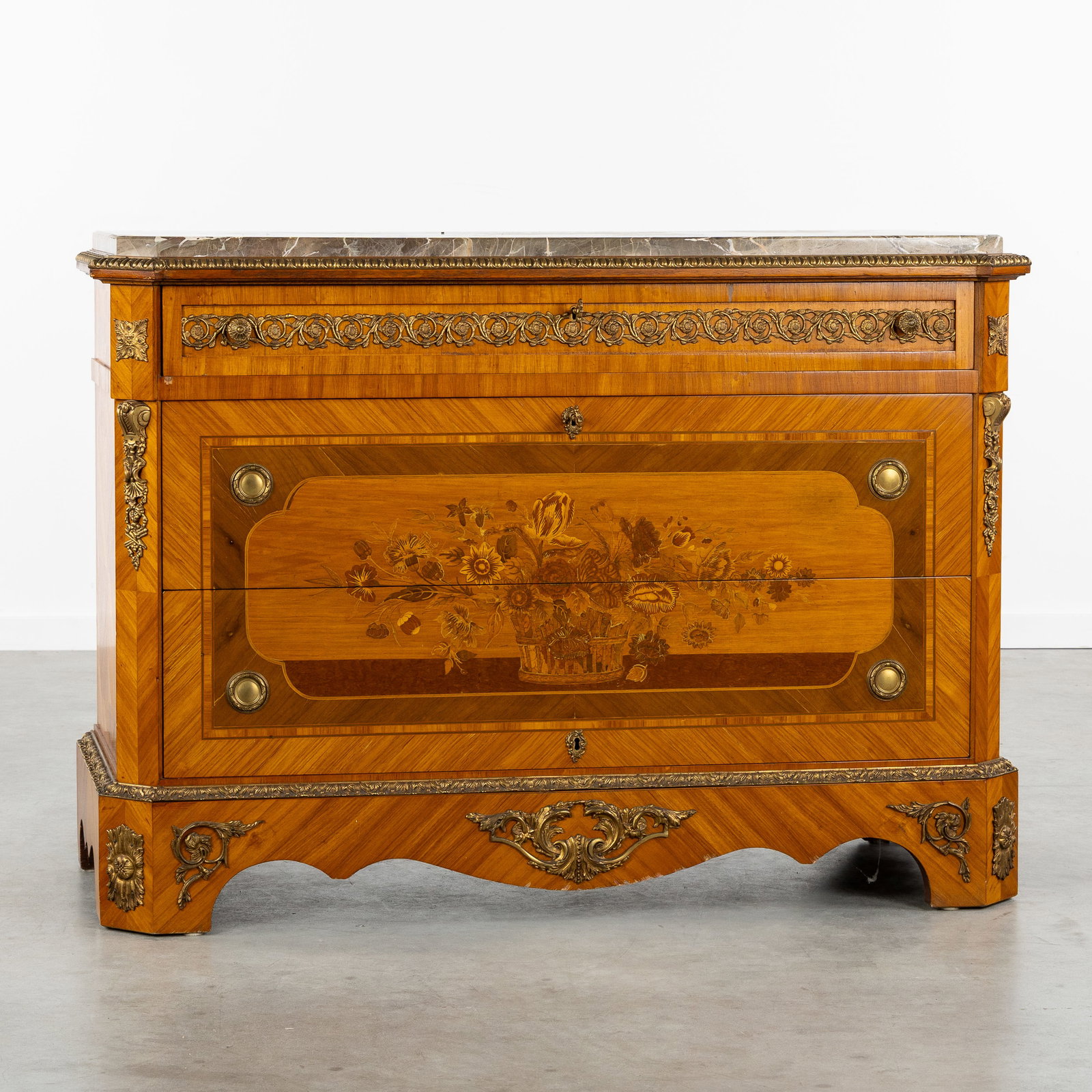 A Chest of Drawers or Commode with a Marble Top, Louis XVI style, floral marquetry and bronze (1 of 10)