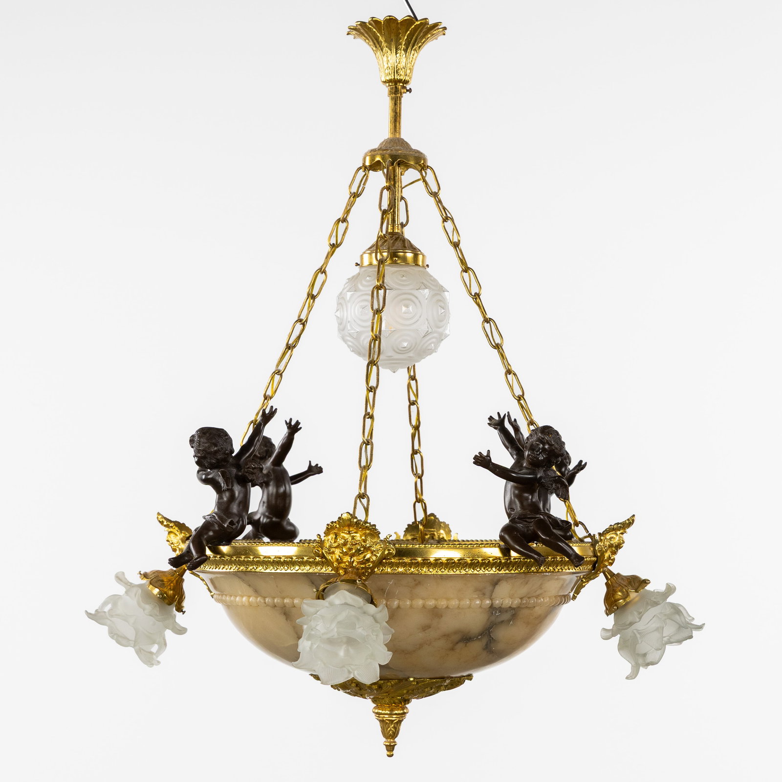 A Bronze Chandelier with an Alabaster Bowl, mounted with Putti, France, circa 1900-1920. (1 of 7)