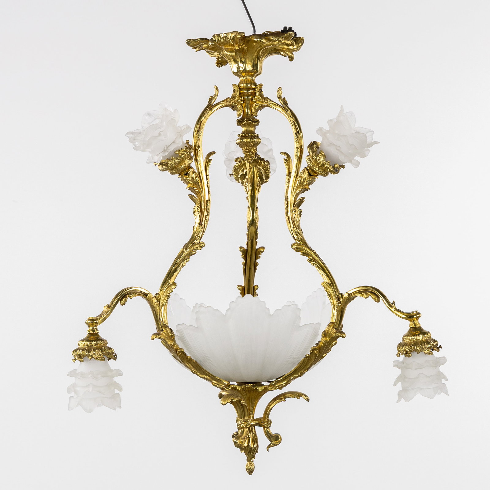A Three-armed Chandelier, Louis XV style, gilded bronze and frosted glass. (1 of 8)