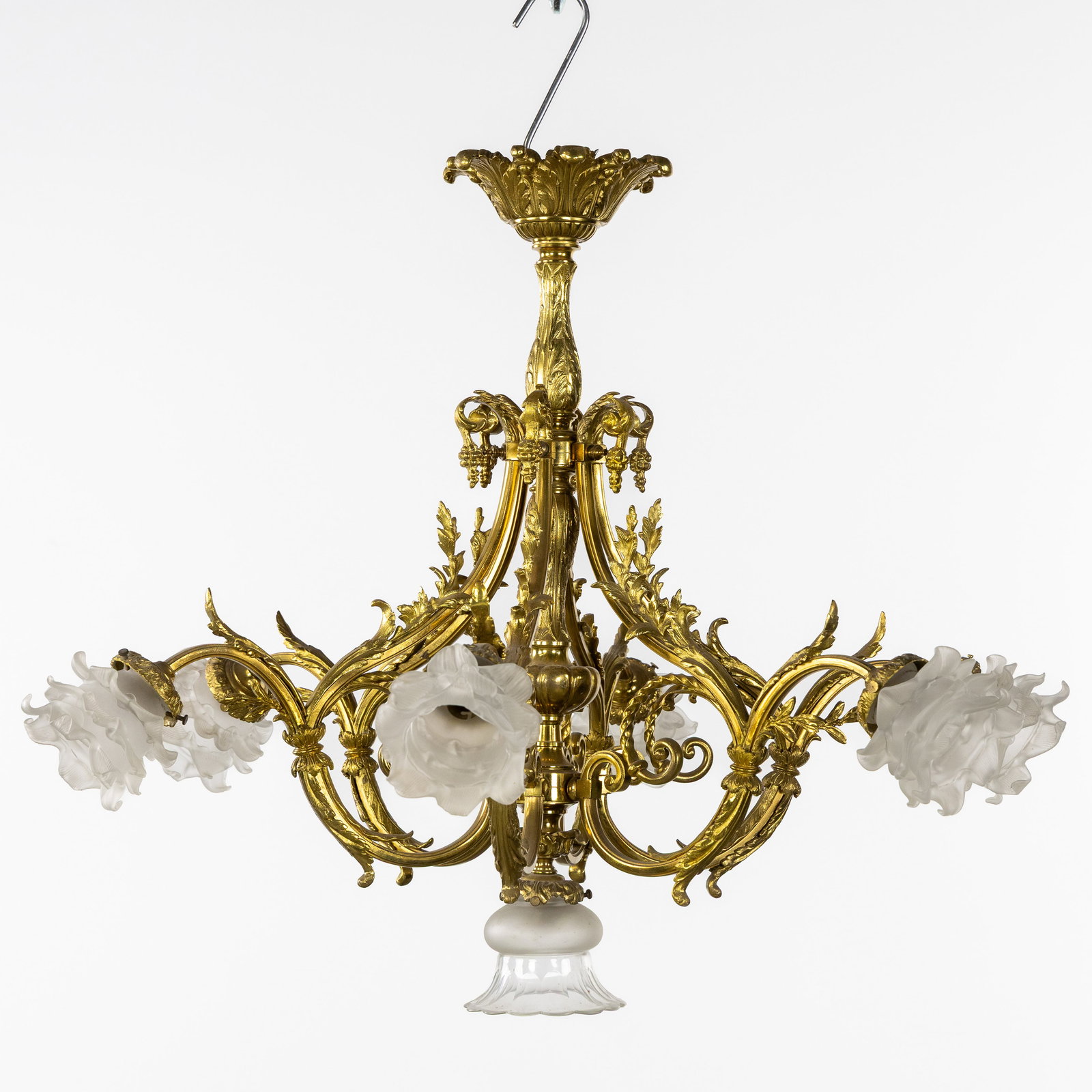 A Six-armed Chandelier, gilded bronze, mounted with frosted glass. (1 of 8)