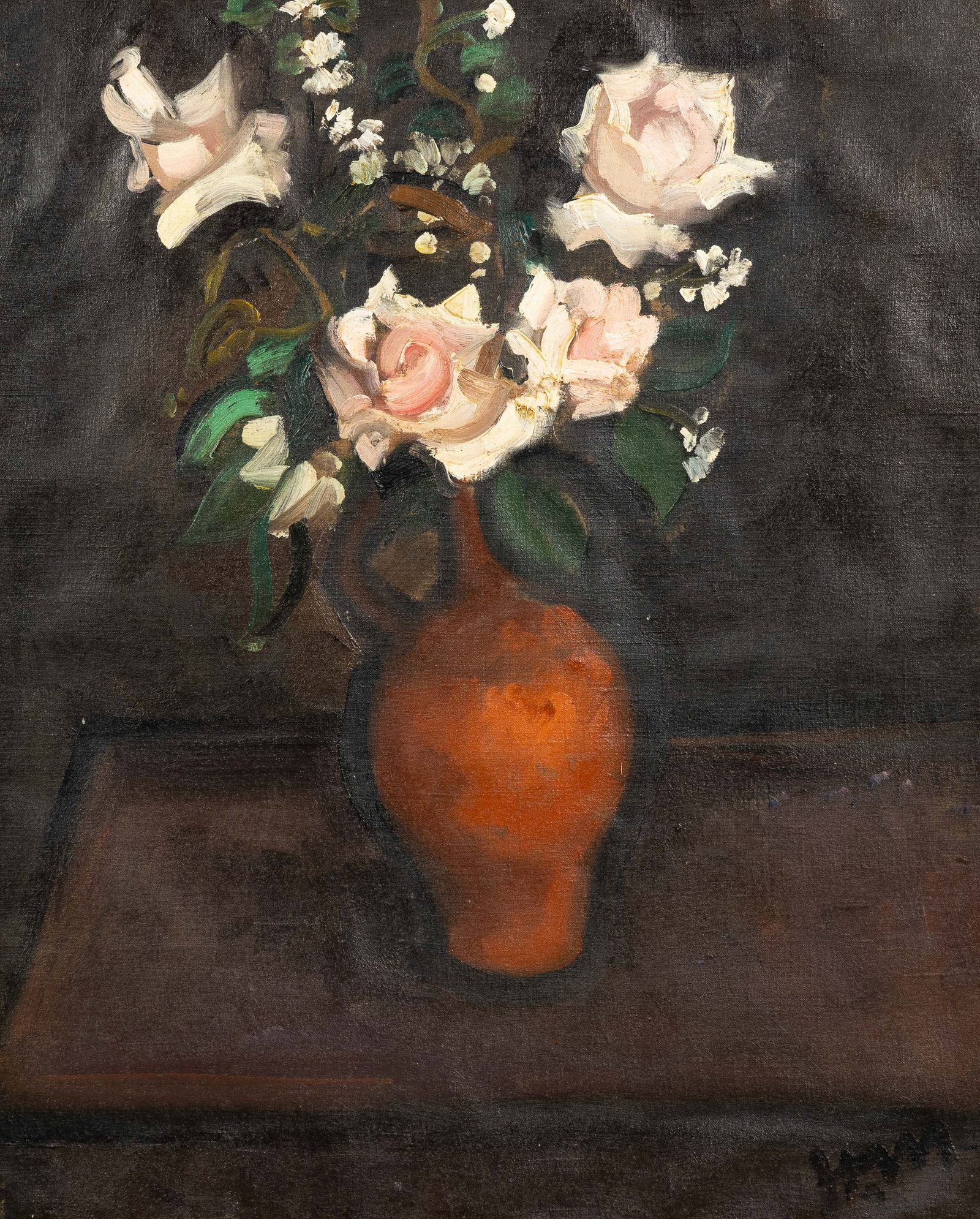 Hubert Malfait (1898-1971) 'Kruik met Rozen', oil on canvas. (1933): Hubert Malfait (1898-1971) 'Kruik met Rozen', oil on canvas. (1933) Monogrammed lower right, H.M. Exhibited: 'Bloemen uit Latem en Leiestreek', Gent 1985. 