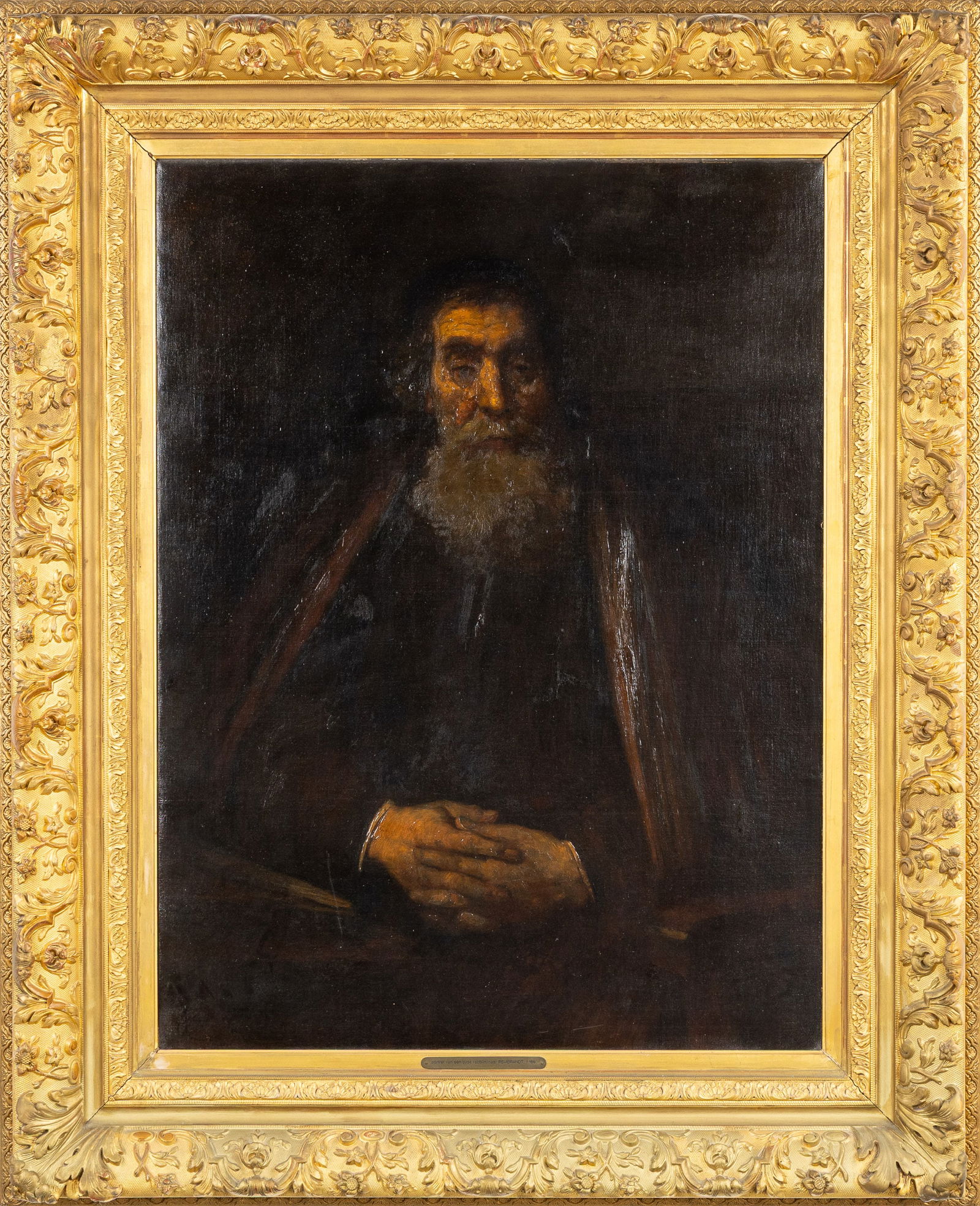An antique painting, After Rembrandt Van Rijn, 'Portrait of an Old Man (The Old Rabbi)', oil on: An antique painting, After Rembrandt Van Rijn, 'Portrait of an Old Man (The Old Rabbi)', oil on canvas.