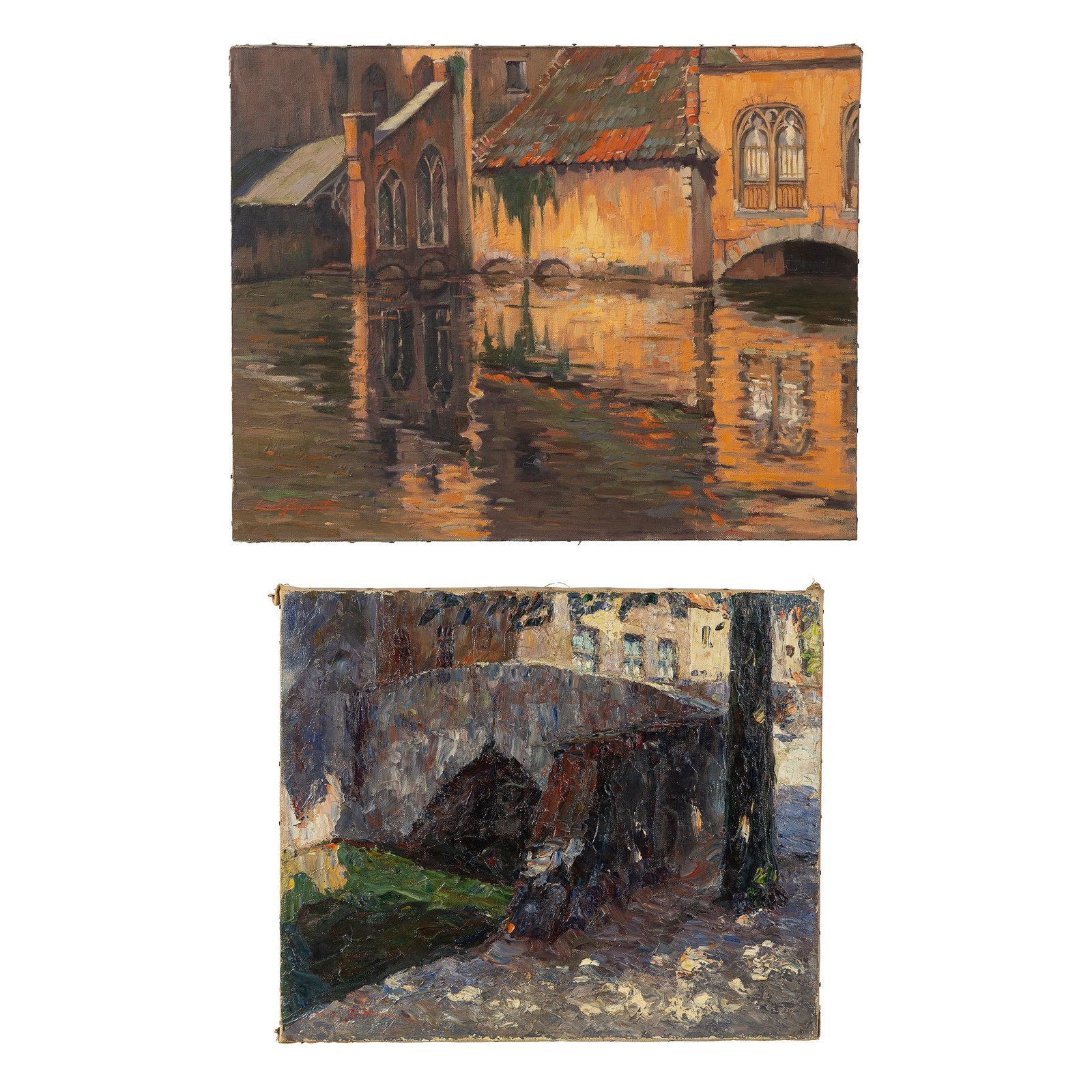Bruges School, two paintings, Georges De Sloovere (1873-1970) and Lionel Poupaert (1900-1989), oil: Bruges School, two paintings, Georges De Sloovere (1873-1970) and Lionel Poupaert (1900-1989), oil on canvas. Georges De Sloovere (1873-1970), 'The Meebrug in Bruges'.Oil on canvas.Signed lower left
