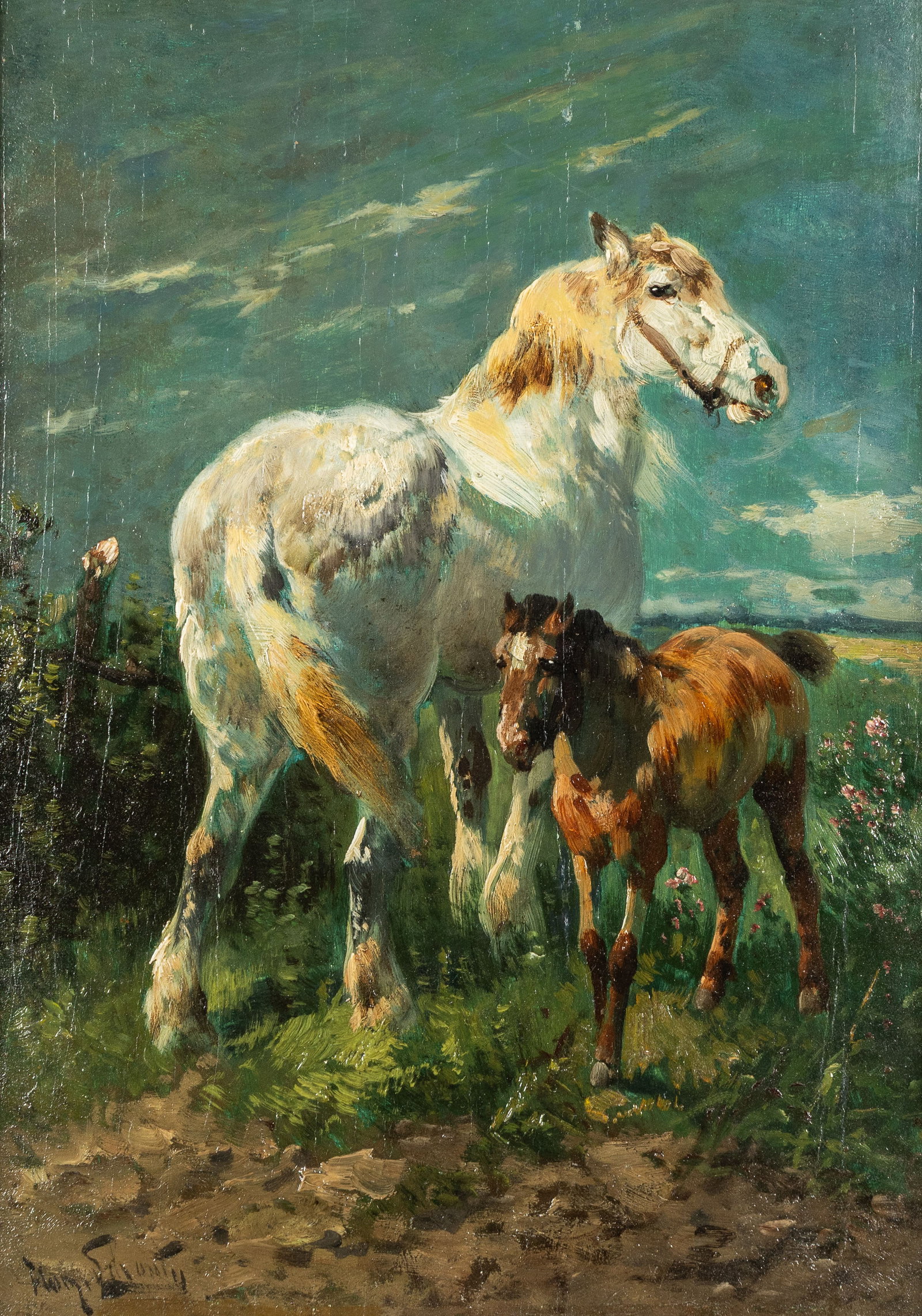 Henry Schouten (1857/64-1927) 'Brabant Horse and Foal' oil on panel.: Henry Schouten (1857/64-1927) 'Brabant Horse and Foal' oil on panel. Oil on panel. Signed lower right. (48 x 37 cm) (29.5 x