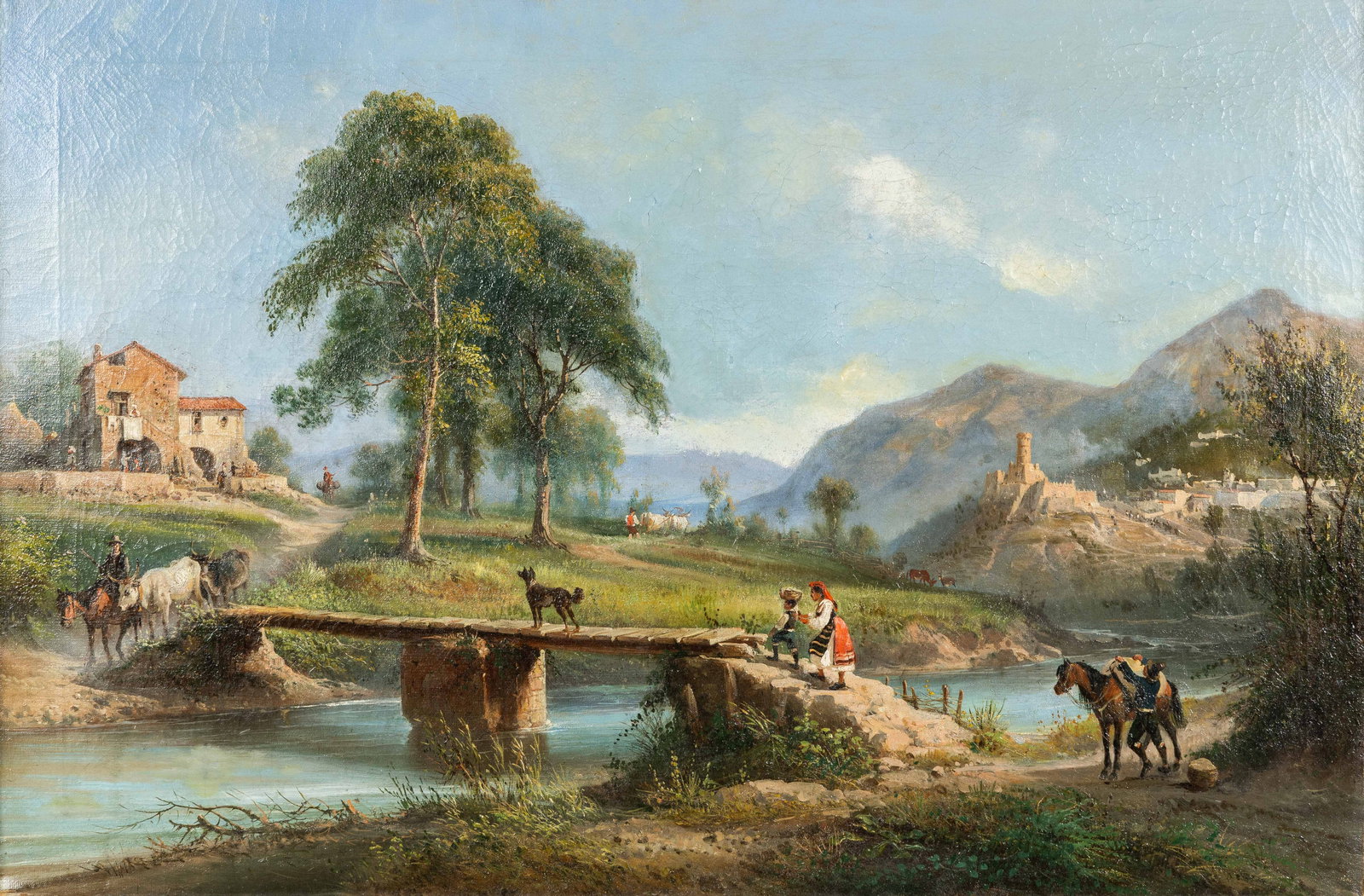 An antique painting 'The Bridge over the river', oil on canvas.: An antique painting 'The Bridge over the river', oil on canvas. Not signed. (80 x 112 cm) (96 x 64 x 0 cm)