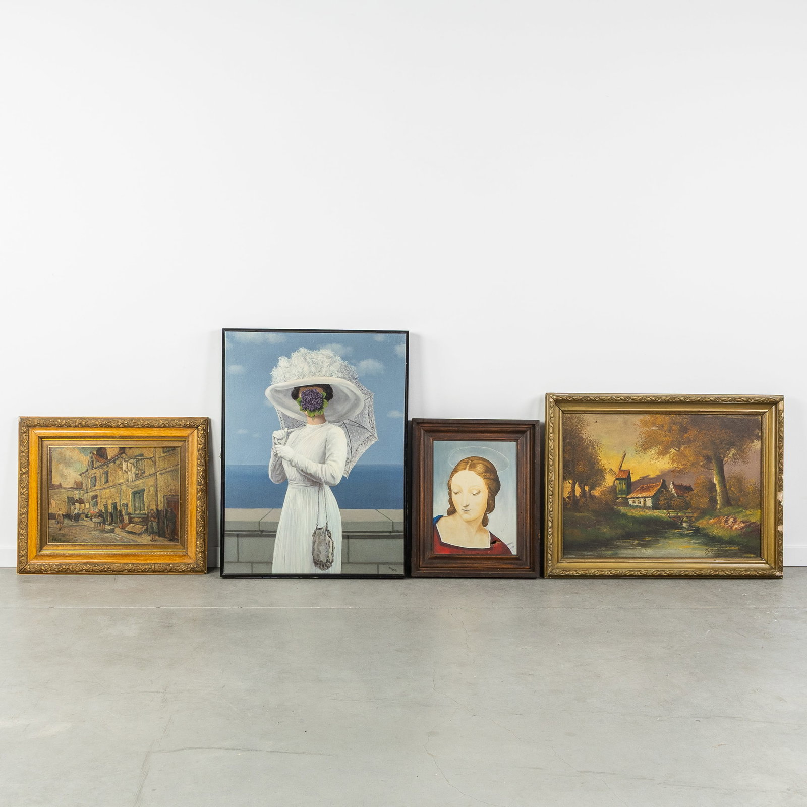 Three decorative paintings on canvas, and a print on canvas.: Three decorative paintings on canvas, and a print on canvas. René Magritte, 'La Grande Guerre' (1954) - Print on canvas.