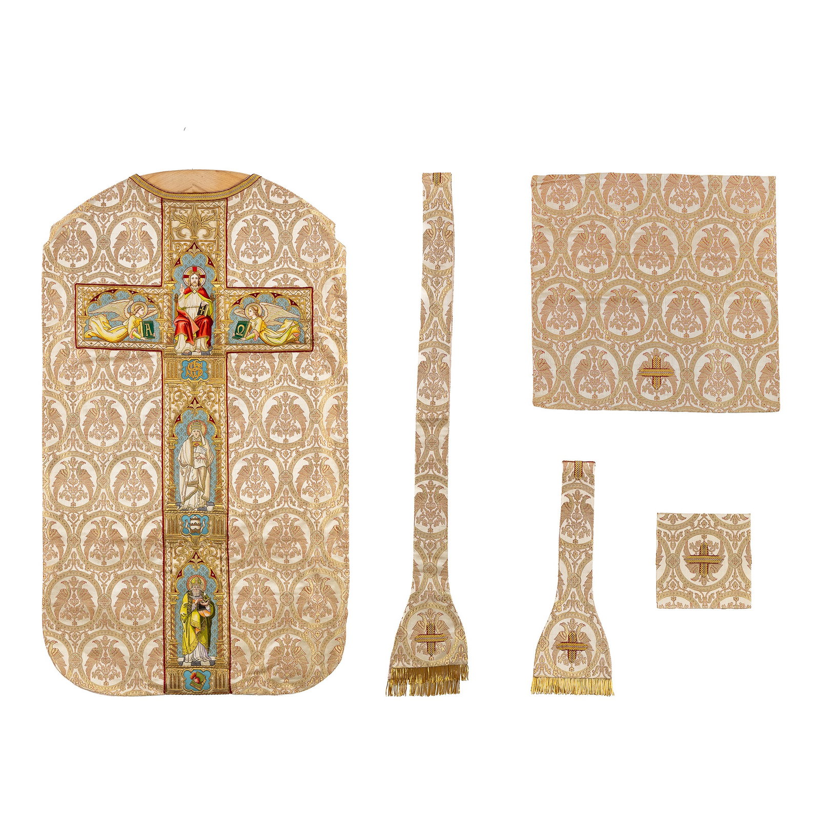 Liturgical vestments: A Roman chasuble, in gold and silver brocade, featuring an image of Christ: Liturgical vestments: A Roman chasuble, in gold and silver brocade, featuring an image of Christ Pantocrator, angels and saints. Includes the matching stole, bursa, maniple and chalice veil.