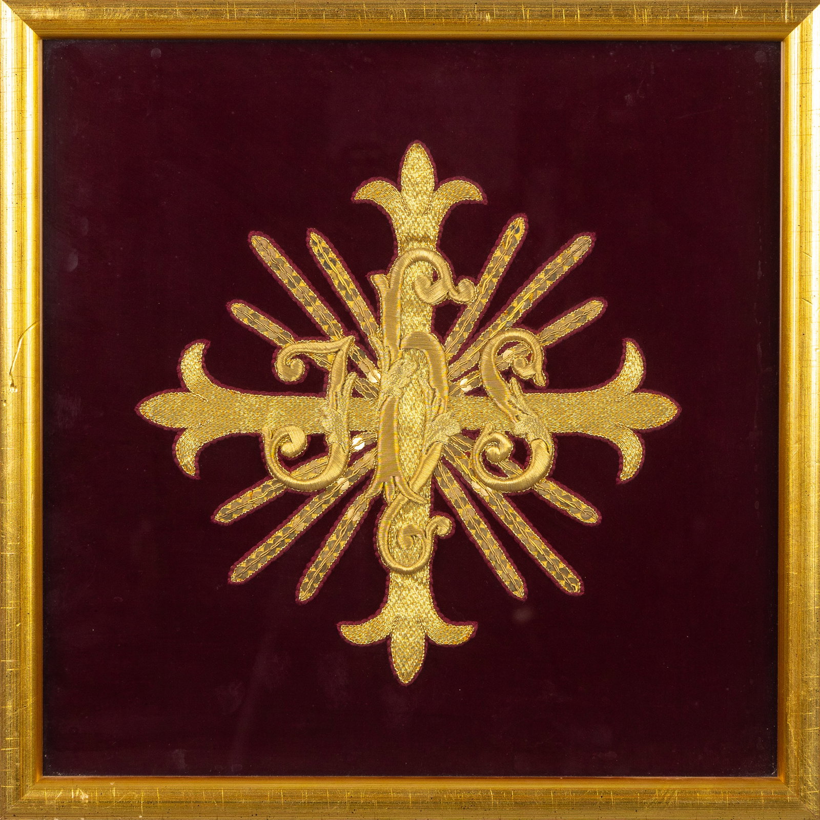 Lithurgical Vestments: A frame with a large applique, embroidery and gold brocade, with an IHS (1 of 3)