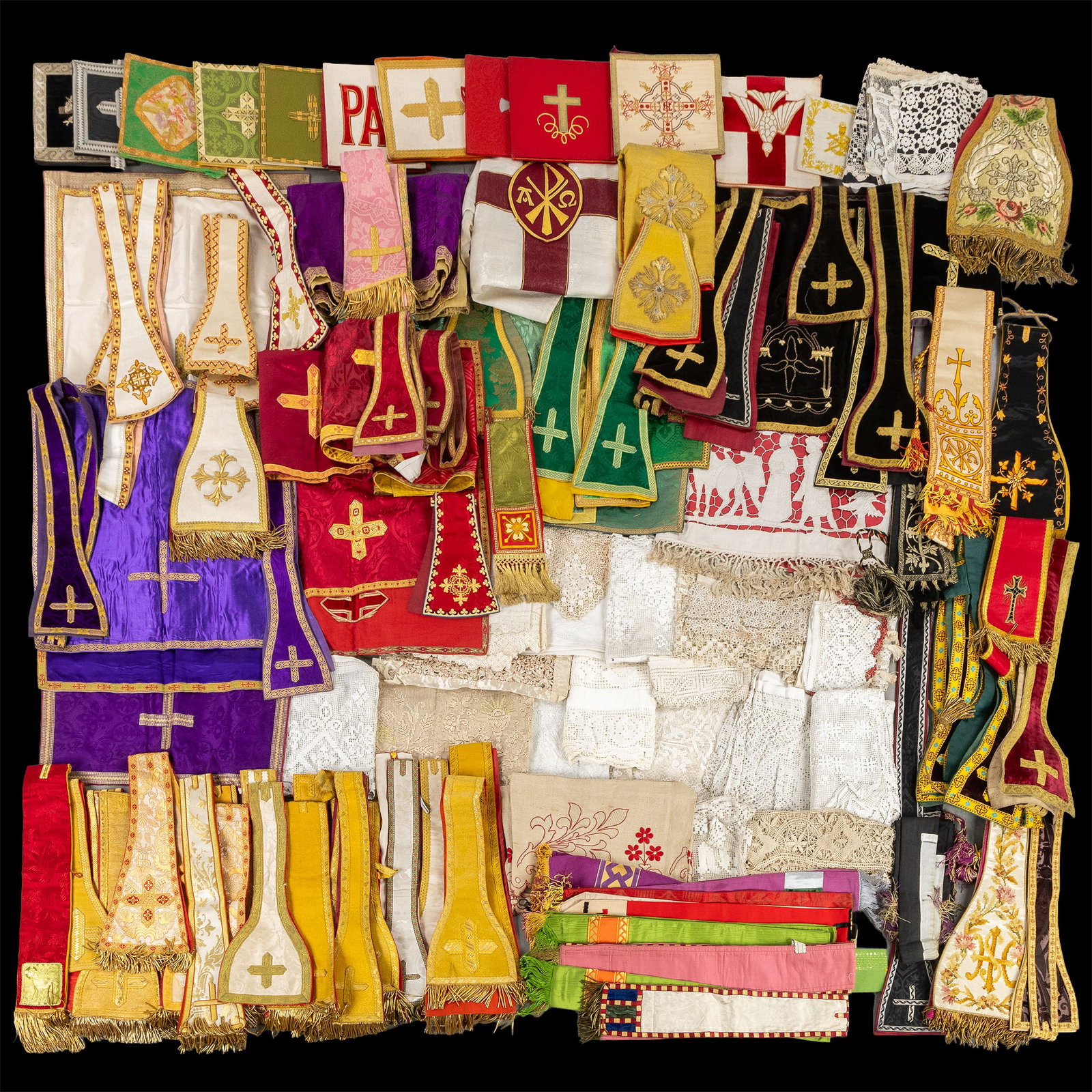 Liturgical vestments: a large collection of liturgical textiles, including stoles, veils, bursae, (1 of 11)