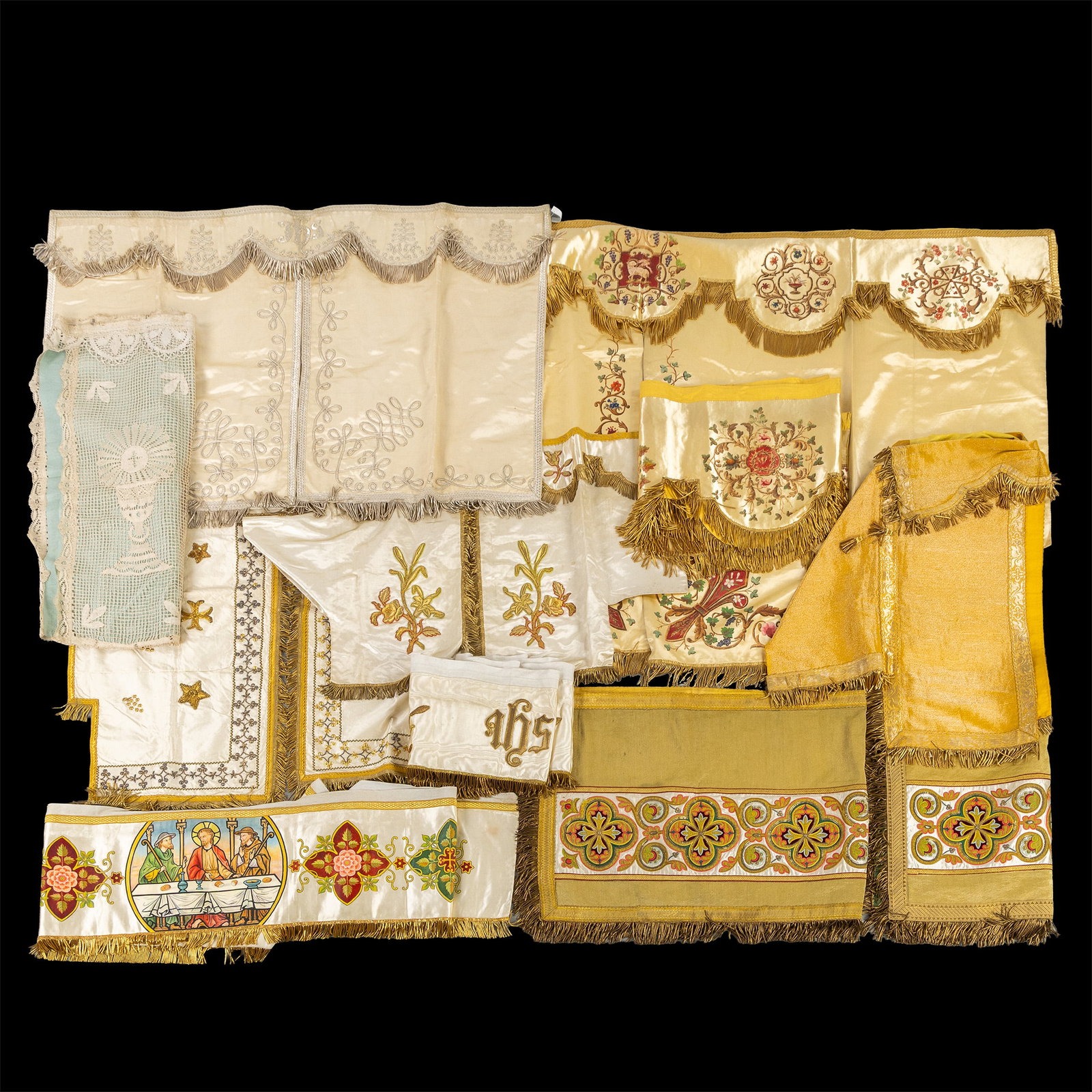 Liturgical vestments: altar veil, conopeum and canopy, embroidery and heavy gold brocade, painted: Liturgical vestments: altar veil, conopeum and canopy, embroidery and heavy gold brocade, painted designs and lacework. Various conopeums for the tabernacle, altar cloths and veils. Finished with