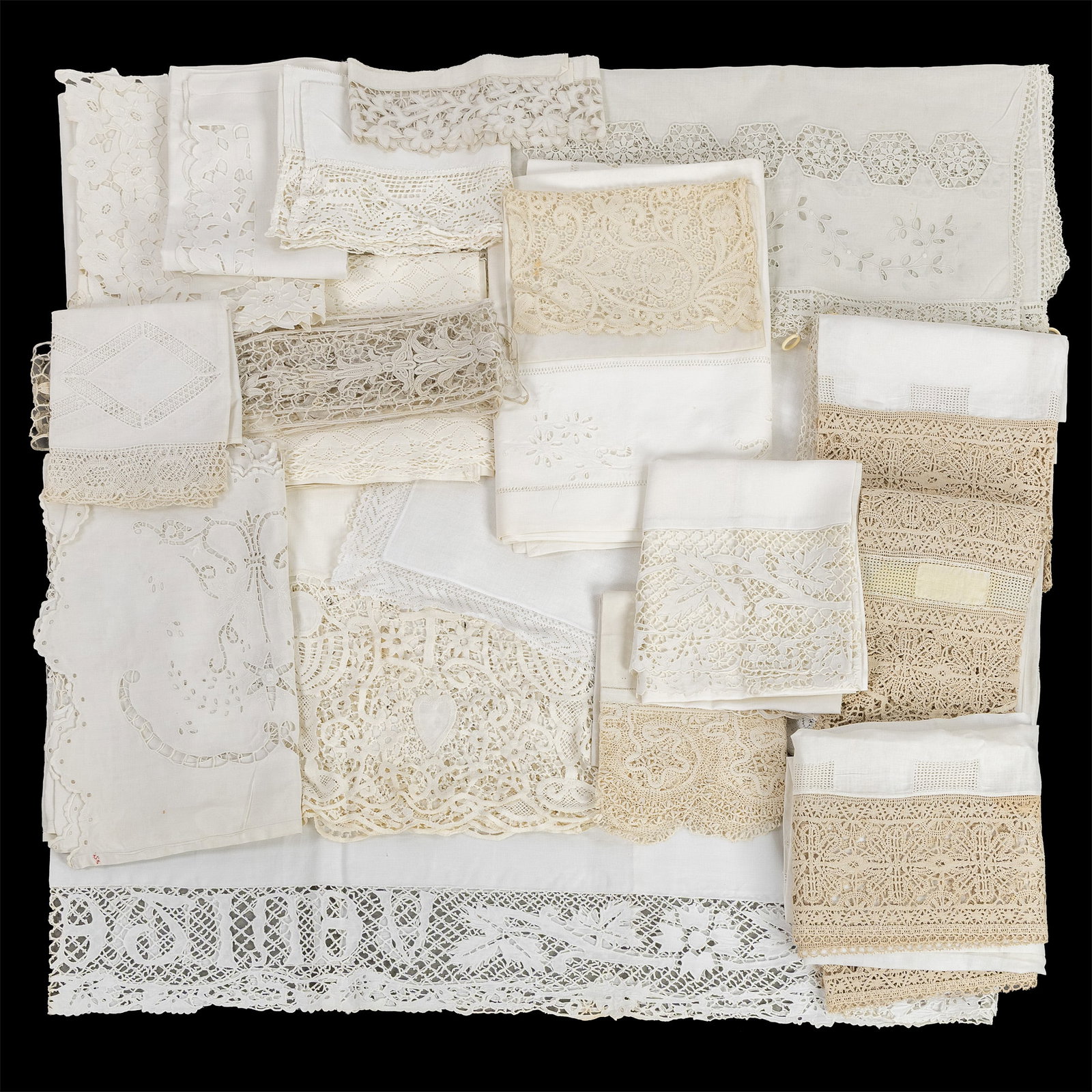 Lithurgical Vestments: A collection of liturgical textiles, including a conopeum, altar cloths, and: Lithurgical Vestments: A collection of liturgical textiles, including a conopeum, altar cloths, and trimmings for albs and rochets. Handmade Bruges bobbin lace and Bruges floral lace, Richelieu lace,