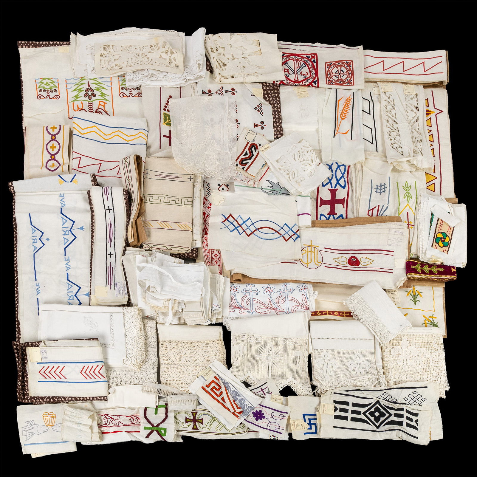 Lithurgical Vestments: a large collection of Lithurgical textile and samples. Finished with: Lithurgical Vestments: a large collection of Lithurgical textile and samples. Finished with emboideries. New old stock and sample books, pieces and parts. Some parts are signed 'Biais & Van