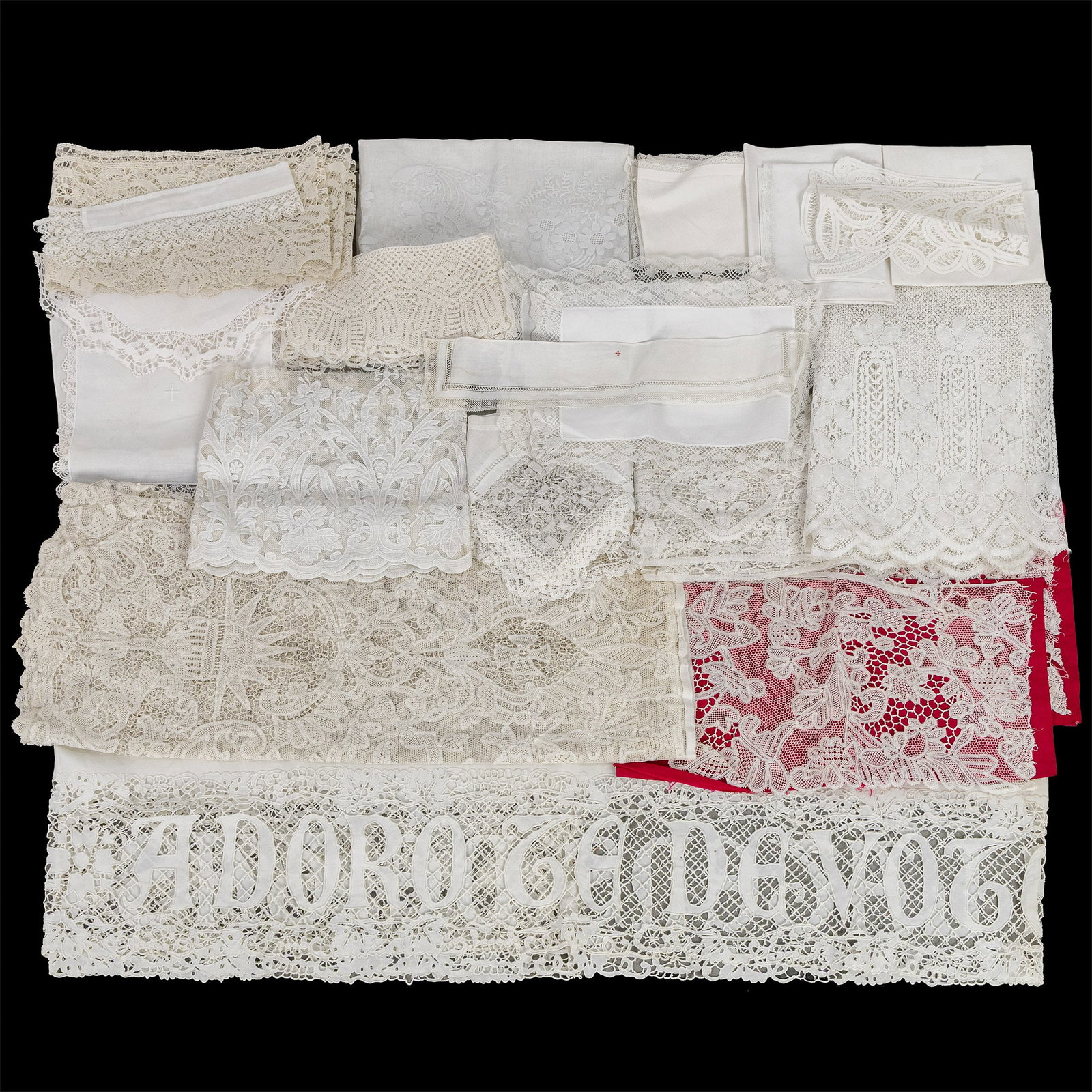 Lithurgical Vestments: liturgical lace and textile, hand-made bobbin lace and various fine lacework: Lithurgical Vestments: liturgical lace and textile, hand-made bobbin lace and various fine lacework and linings for albs. Finished with floral motifs and religious symbols. Mainly linings f