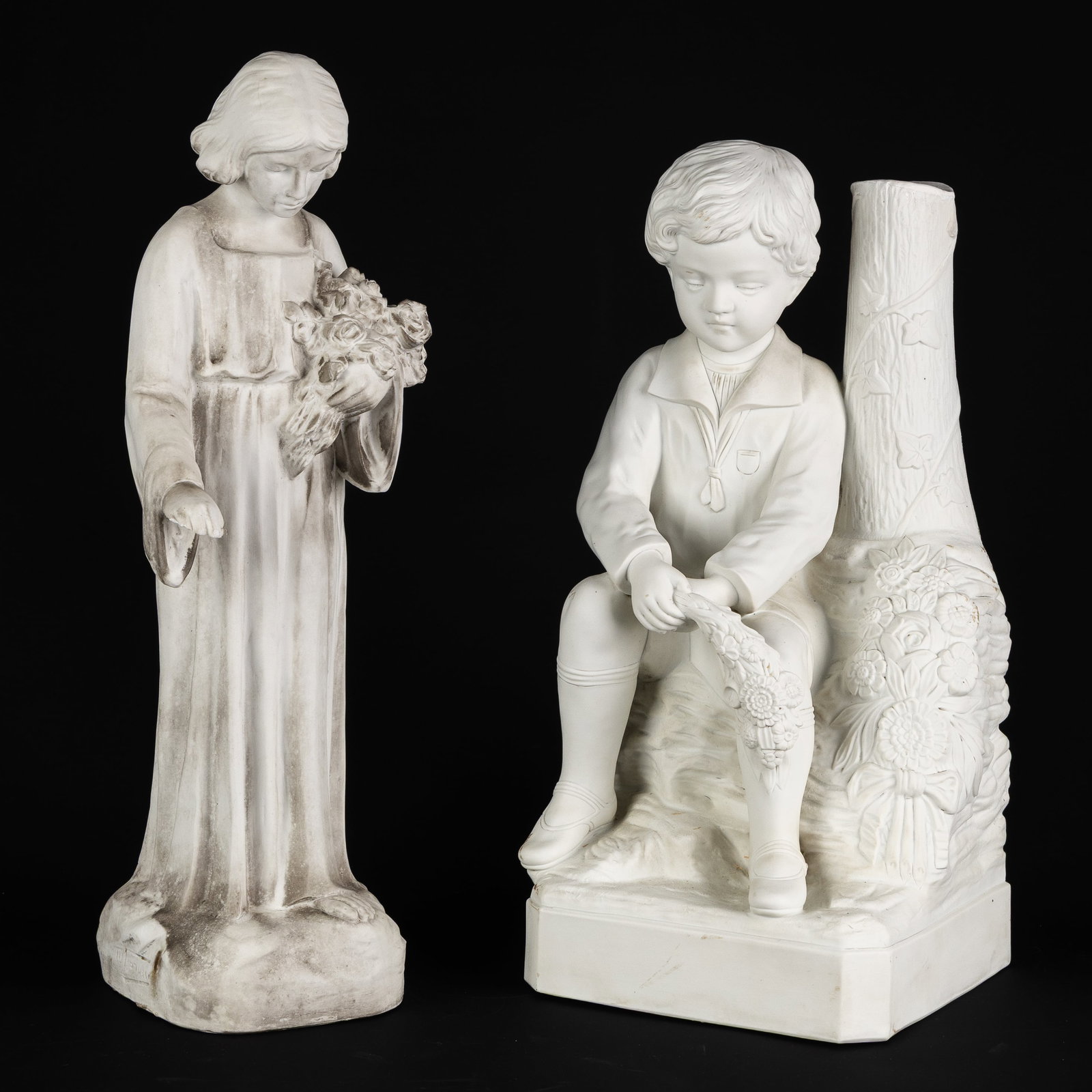 A Pair of biscuit porcelain figurines, 'Flower Girl' and 'Boy at the Tree Stump', Victor Tessier & (1 of 12)