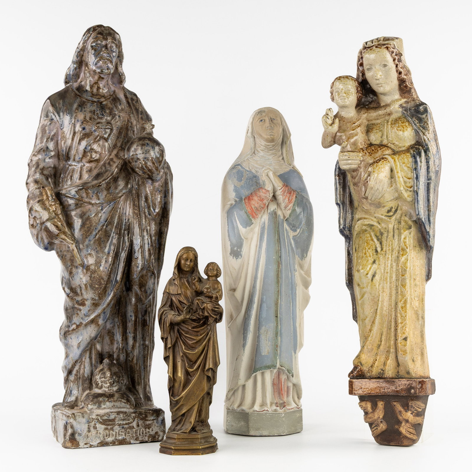 Four Saint statues, glazed ceramics by Terraco and Arthur Craco, sculptured white stone and bronze. (1 of 10)