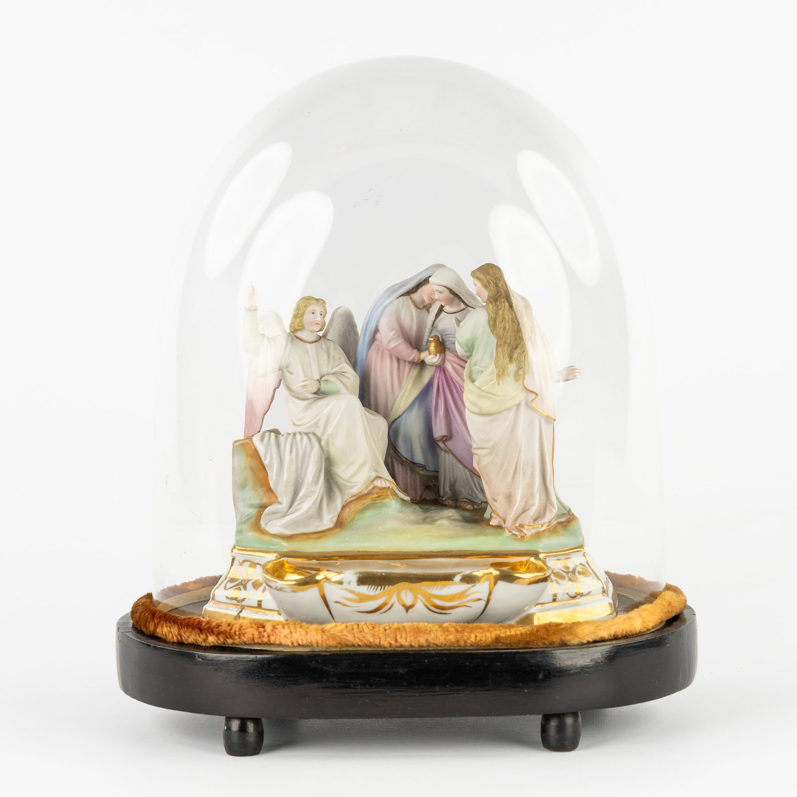Mary Magdalene at the Empty Tomb, a biscuit porcelain holy water font, mounted under a glass dome. (1 of 8)