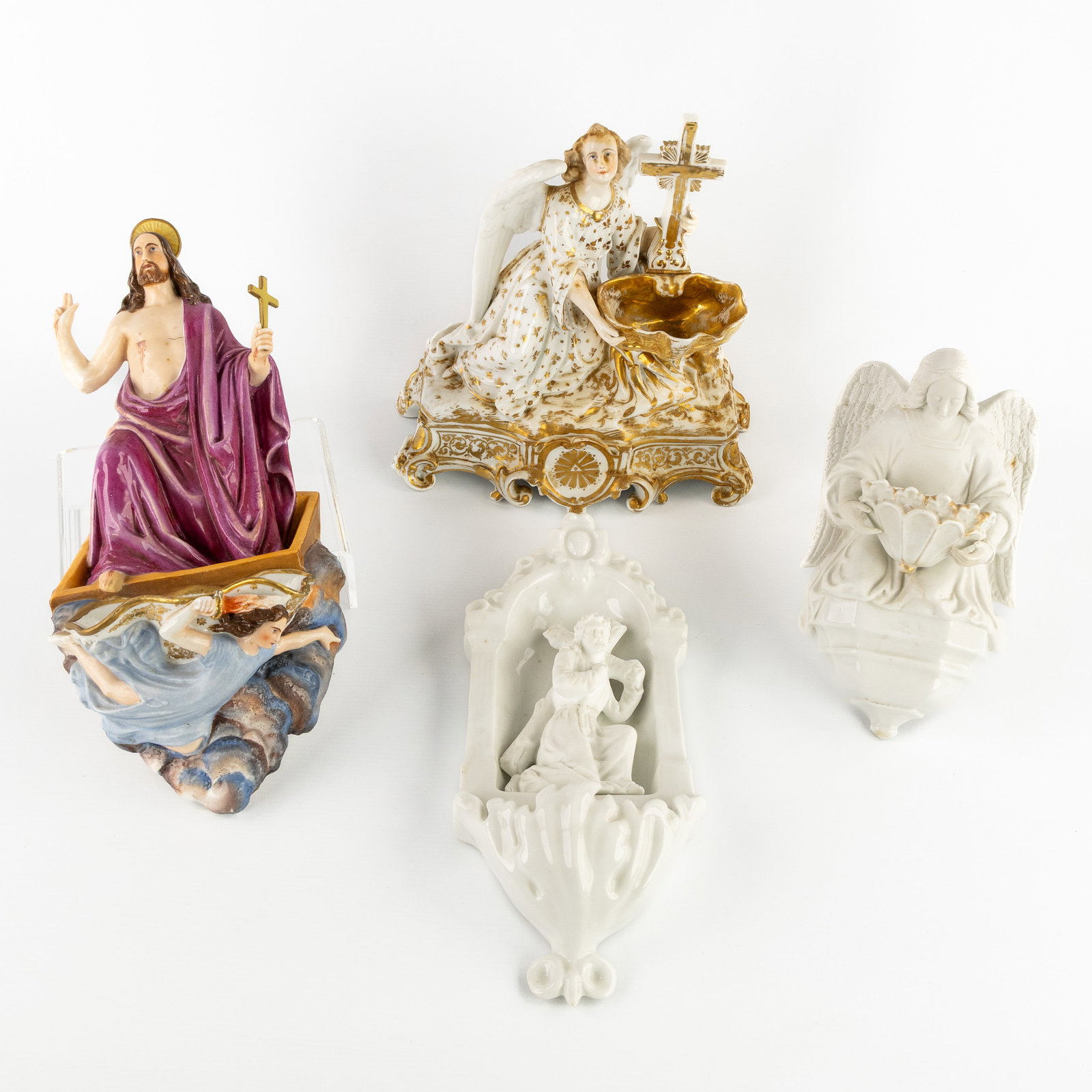 Four holy water fonts, polychrome and blanc-de-blanc porcelain and biscuit porcelain. (1 of 6)