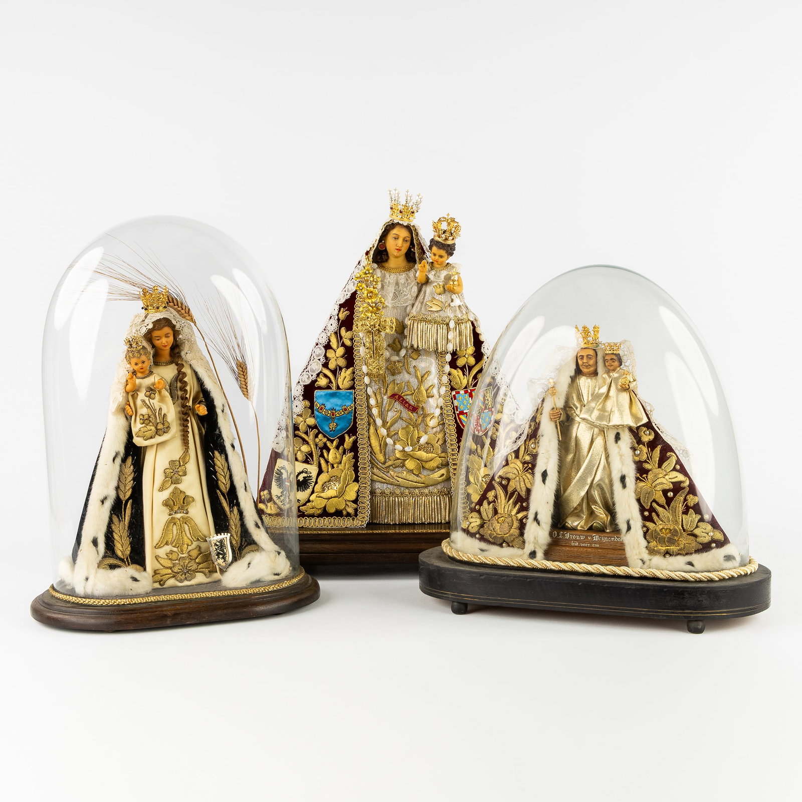 Three Crowned Madonnas with Child, wax heads and clothes richly decorated with gold brocade and (1 of 11)