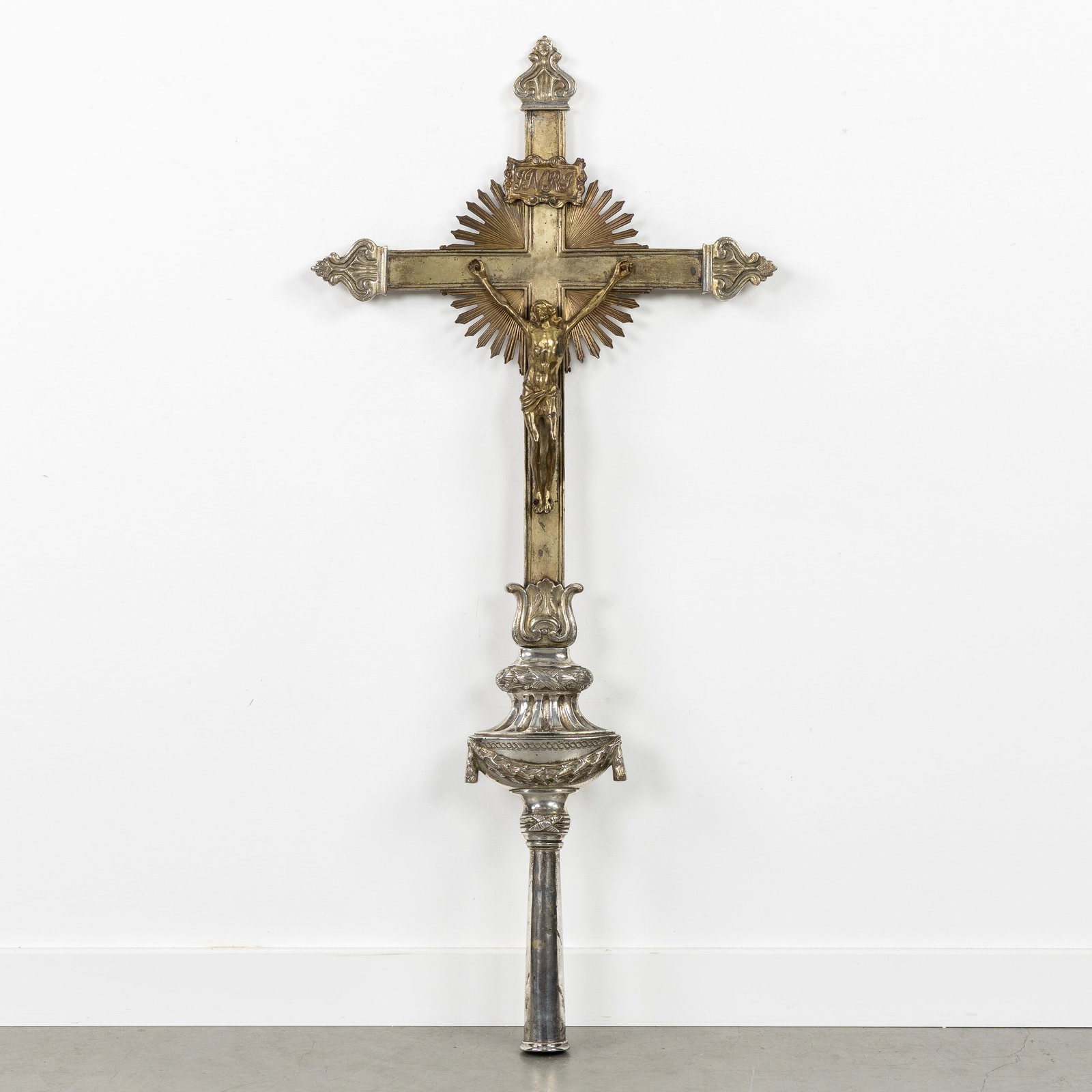 A Processional Crucifix, Silver-plated bronze, mounted with Corpus Christi and Sunburst. (1 of 4)