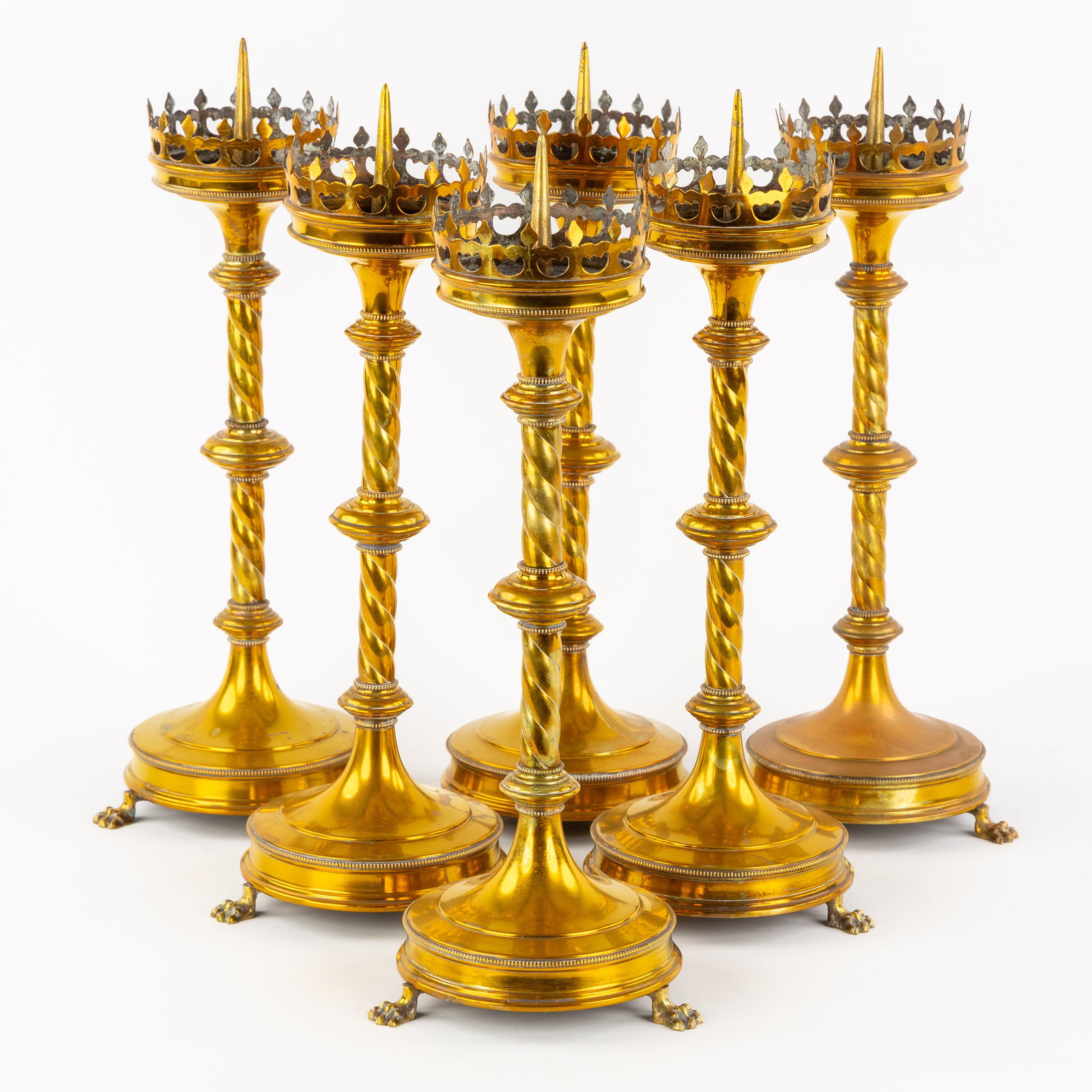Six church candlesticks, gilt brass, Gothic Revival. Circa 1900. (1 of 5)