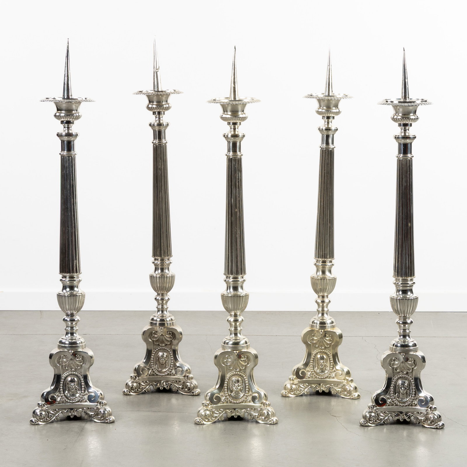 A Set of five large church candlesticks, Holy Family, silver-plated metal, Baroque style. (1 of 7)