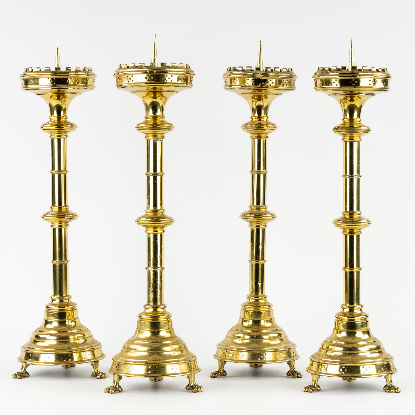 A Set of Four Church Candlesticks, Gilded Bronze. Gothic Revival style. (1 of 6)