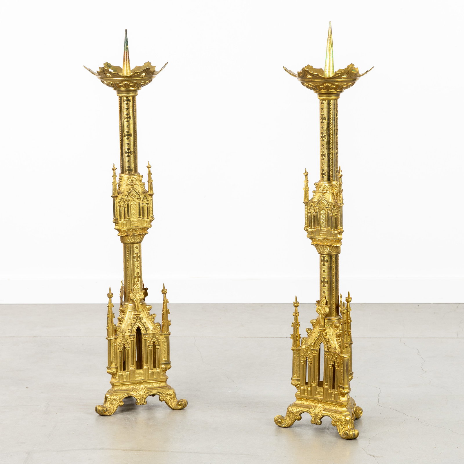 A Pair of Gothic Revival church candlesticks, gilded brass. (1 of 6)