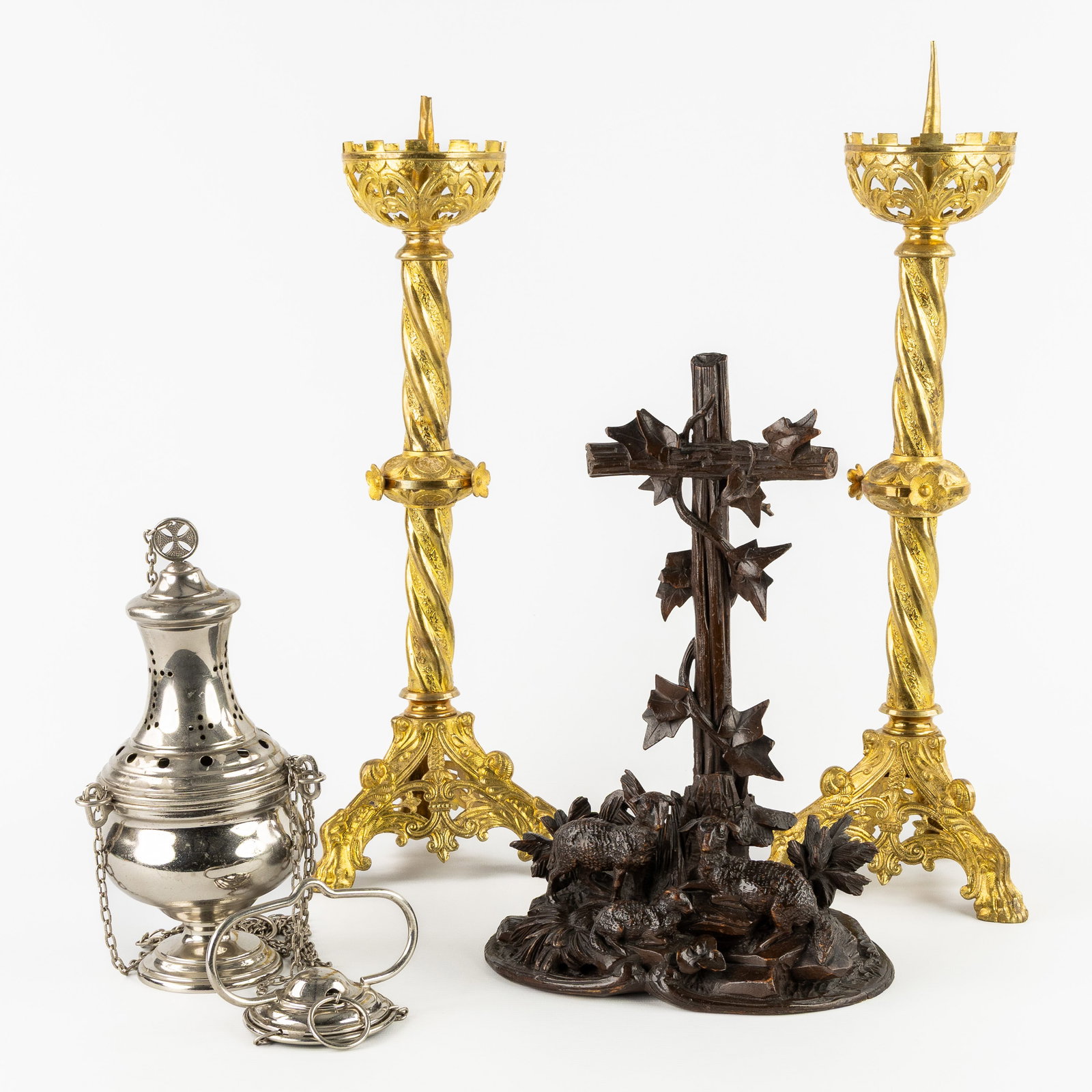 A Wood-sculptured Black Forest altar crucifix, an Incense burner or thurible, and a Pair of Gothic (1 of 9)