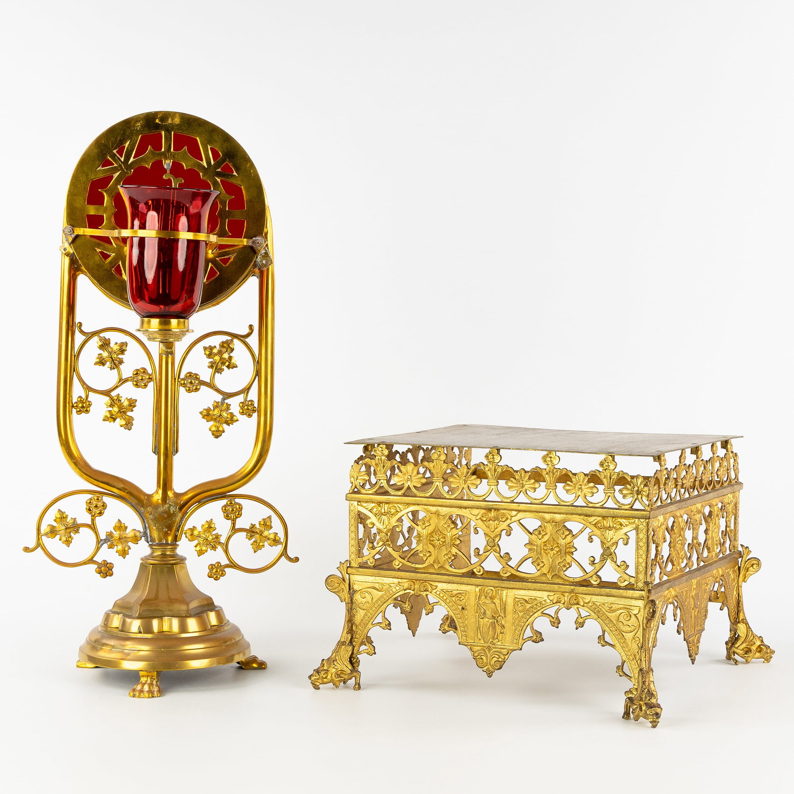 A Gothic Revival Tabor or Monstrance pedestal and an Eternal Light with IHS monogram, brass and (1 of 13)