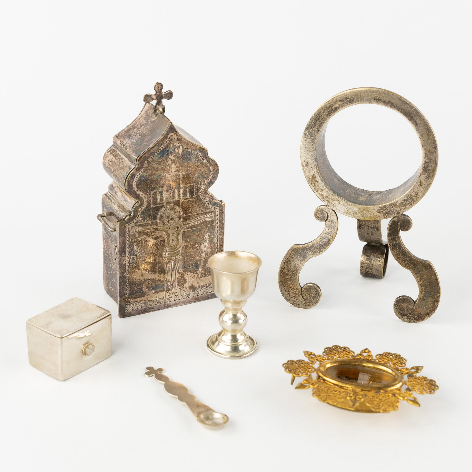 Two Reliquary holders and a home altar or traveling tabernacle, Brass, metal, and silver-plated (1 of 8)