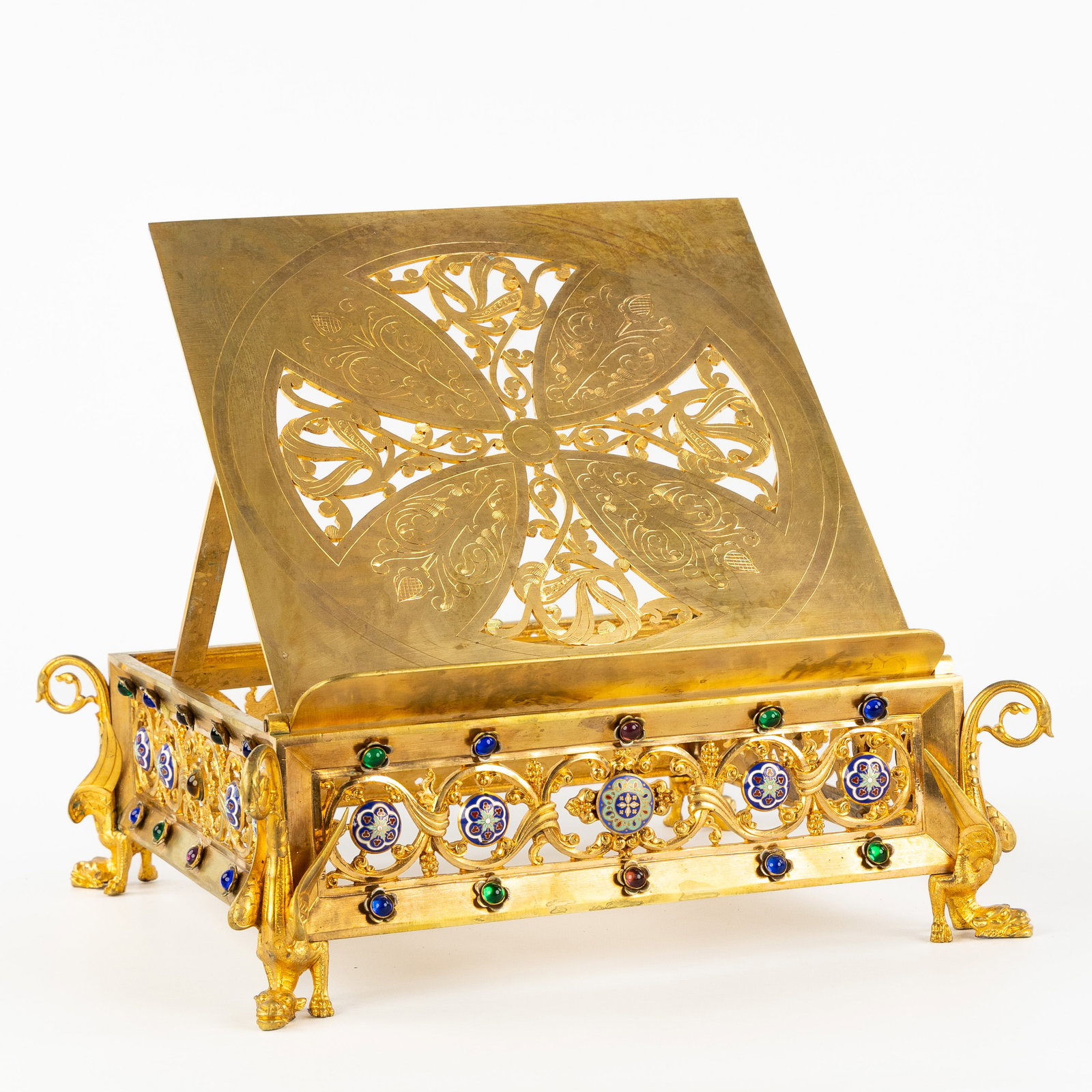 A lectern, gilt bronze finished with cabochons and enamel plaques. Gothic Revival, 19th C. (1 of 8)