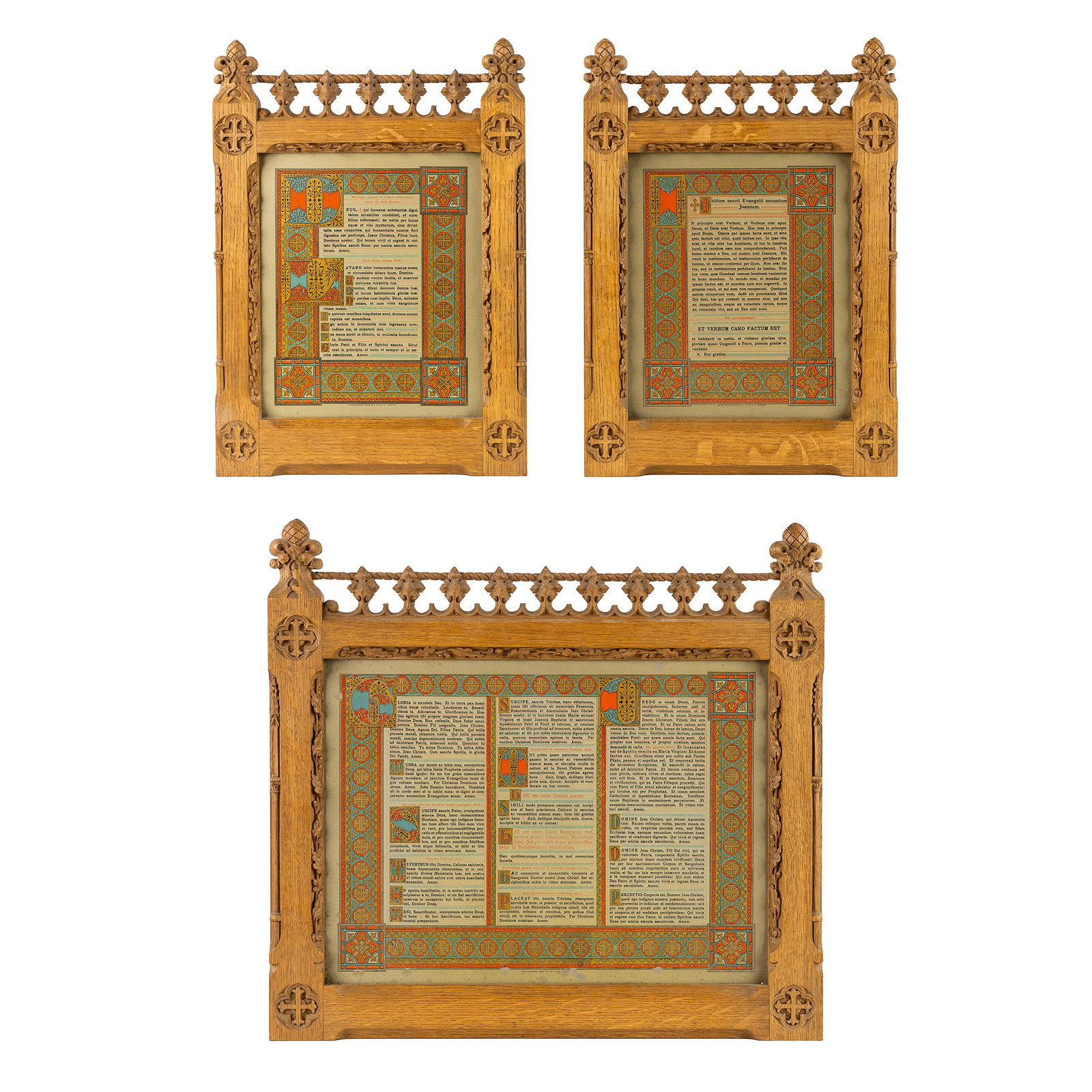 A Set of three Canon Boards, mounted in finely sculptured oak frames. Gothic Revival.: A Set of three Canon Boards, mounted in finely sculptured oak frames. Gothic Revival. Sculptured oak.Decorated with carved Gothic ornamentation, openwork finish.45.5 x 48.5