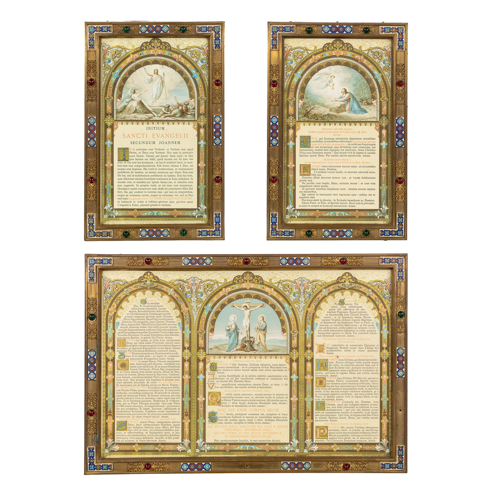 A set of altar panels, brass finished with cabochons and enamel. Gothic Revival.: A set of altar panels, brass finished with cabochons and enamel. Gothic Revival. Richly decorated with cabochons and enamel medallions, mounted with openworked brass. 37 x 55 cm. 37 x 24 cm. 37 x 2