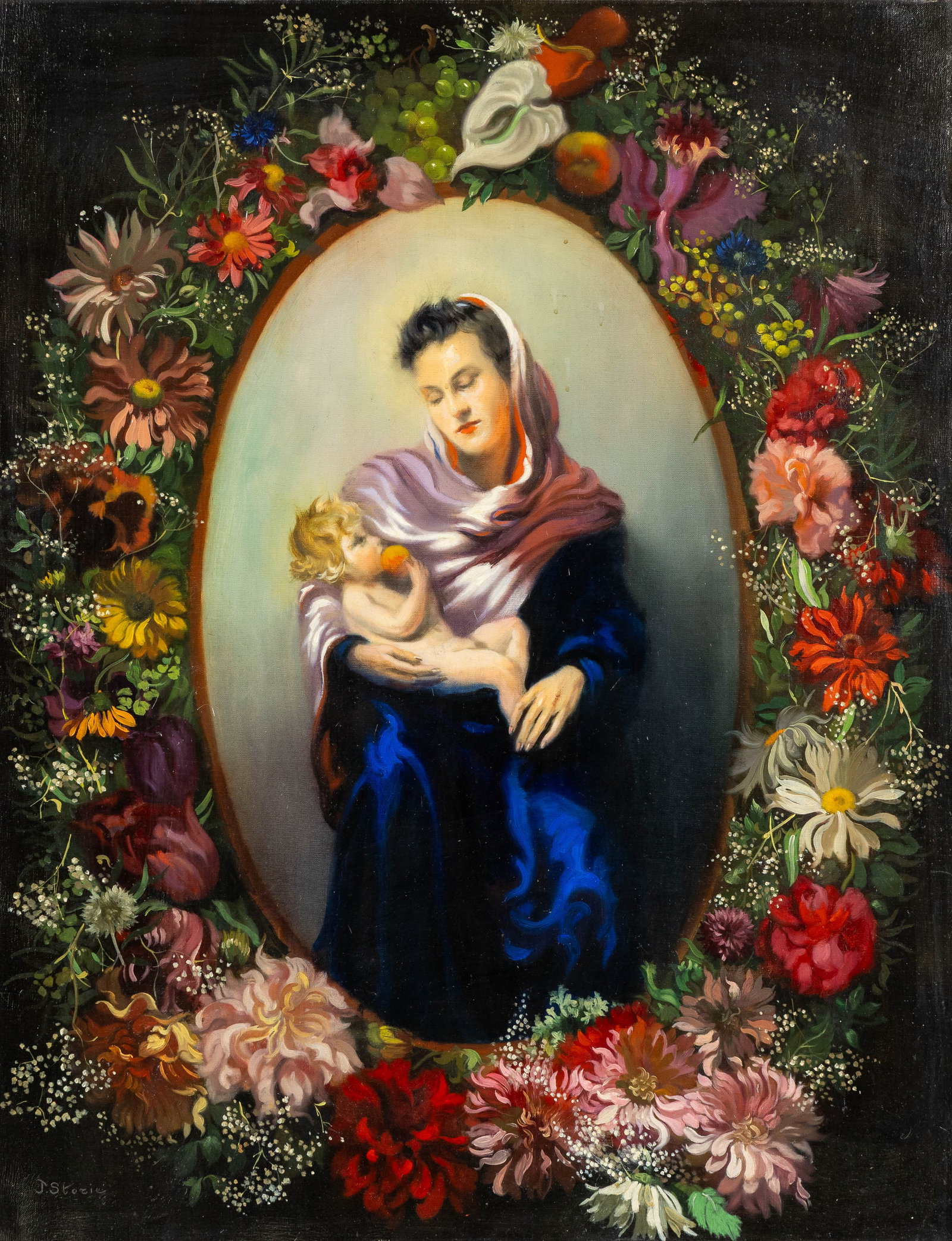 Jose Storie (1899-1961) 'Mother and Child in a Wreath of Flowers', oil on canvas.: Jose Storie (1899-1961) 'Mother and Child in a Wreath of Flowers', oil on canvas. Oil on canvas.Signed lower left. (113 x 93 cm) (70 x 90 x 0 cm)