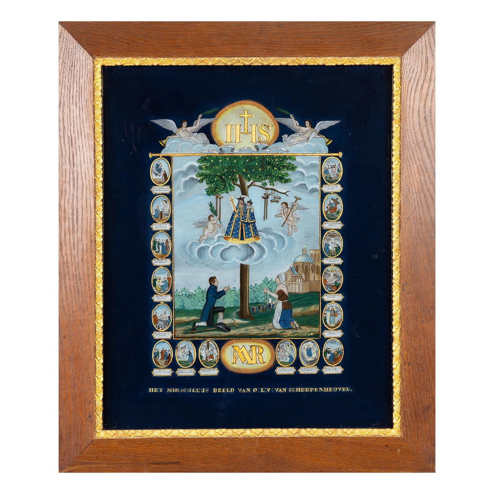 A large Eglomisé painting entitled ‘The Miraculous Image of Our Lady of Scherpenheuvel’. Signed (1 of 7)