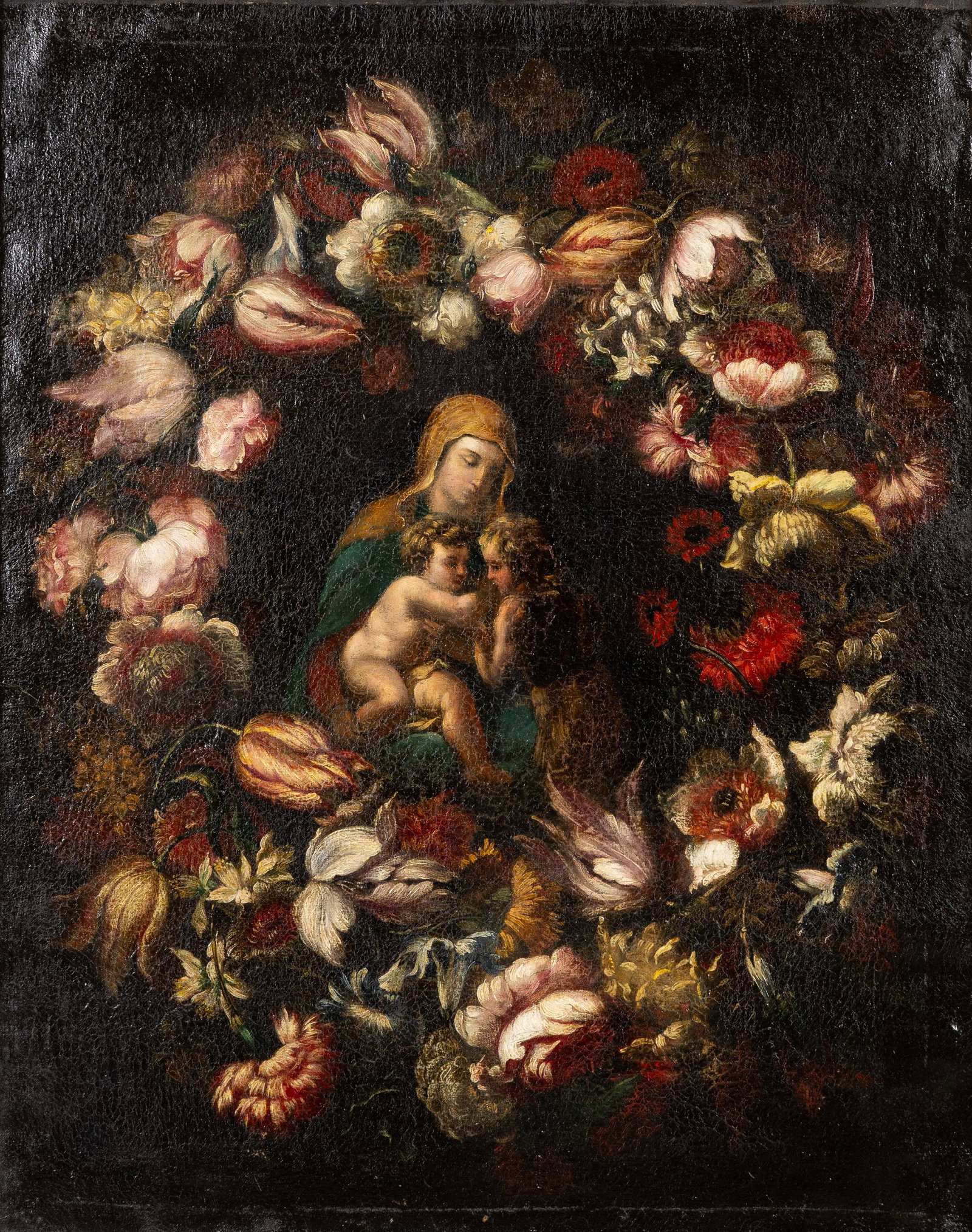 The Virgin Mary, Saint John the Baptist and Jesus Christ surrounded by Flowers, Oil on canvas. (1 of 5)
