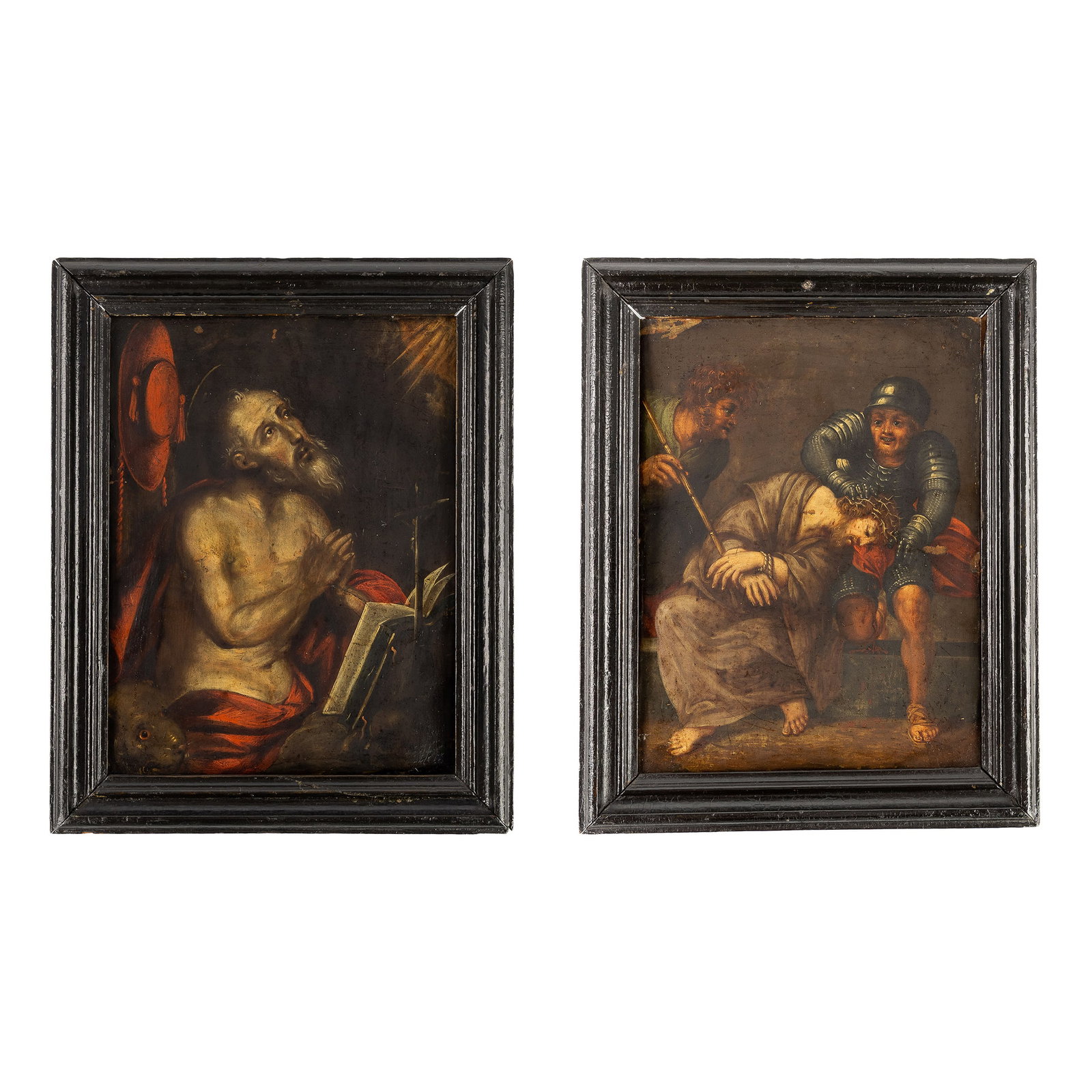 A Pair of religious paintings, 'Christ on the Cold Stone' and 'Jerome of Stridon', oil on copper, (1 of 6)